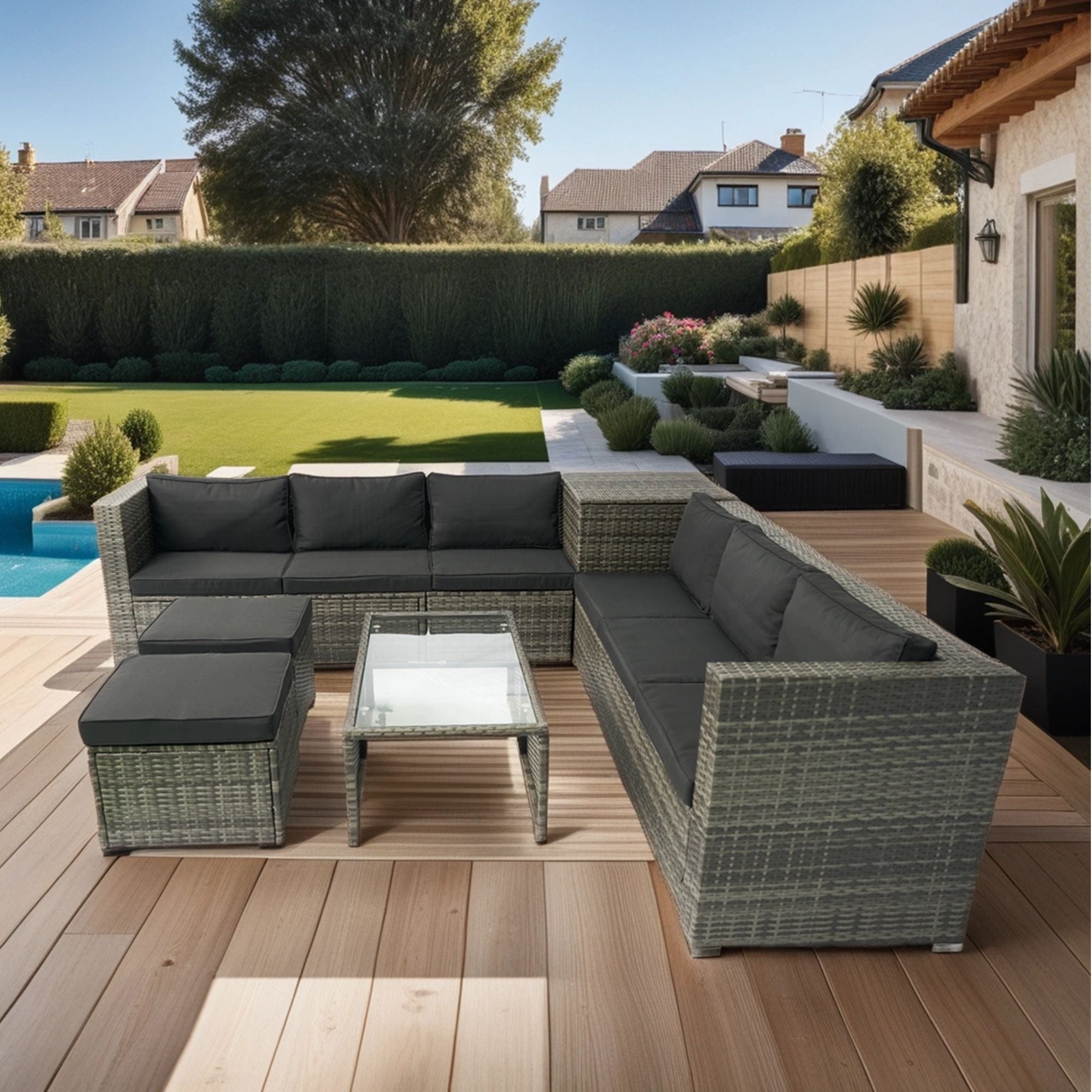 8 Piece Patio Sectional Wicker Rattan Outdoor Furniture Sof Set With One Storage Box Under Seat And Cushion Box - Gray / Black - Best Buy Furniture