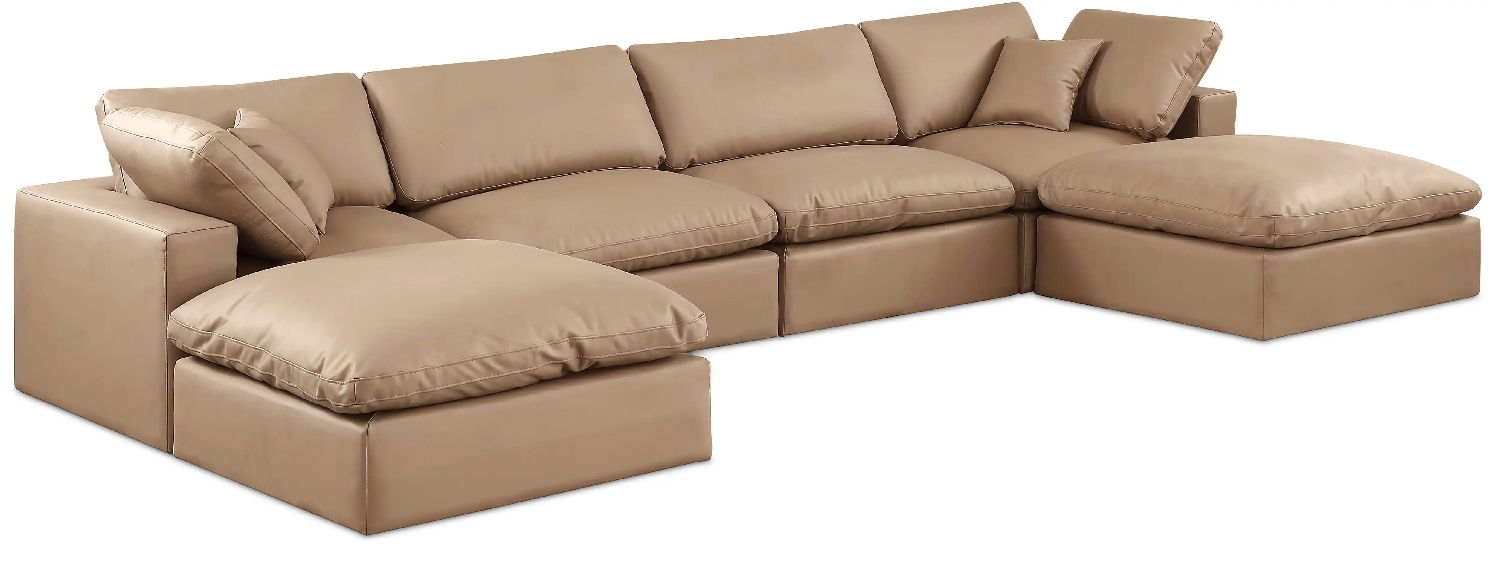 Comfy - 6 Piece Faux Leather Modular Double Chaise Sectional - Tan - Best Buy Furniture