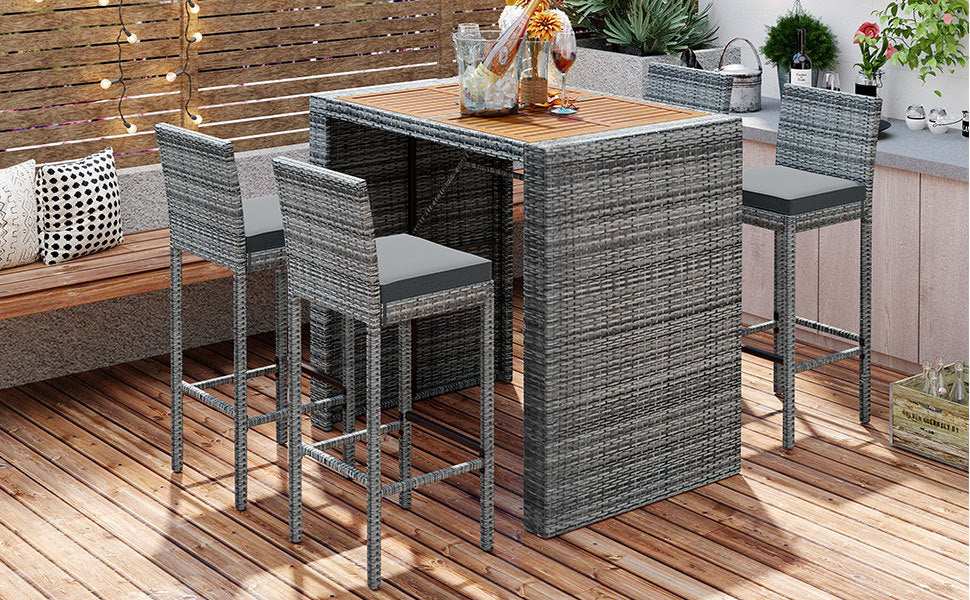 5 Piece Outdoor Wicker Bar Set with Acacia Wood Table, Brown & Gray - Best Buy Furniture