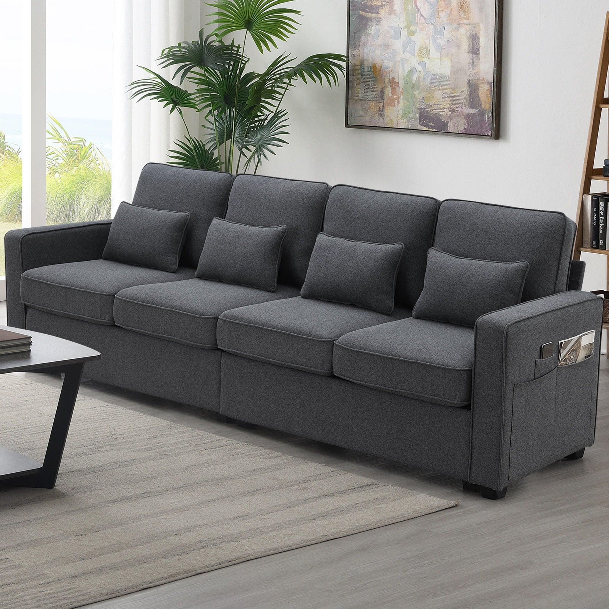 4 Seater Modern Linen Sofa With Armrest Pockets And 4 Pillows, Minimalist Style Couch For Living Room - Best Buy Furniture
