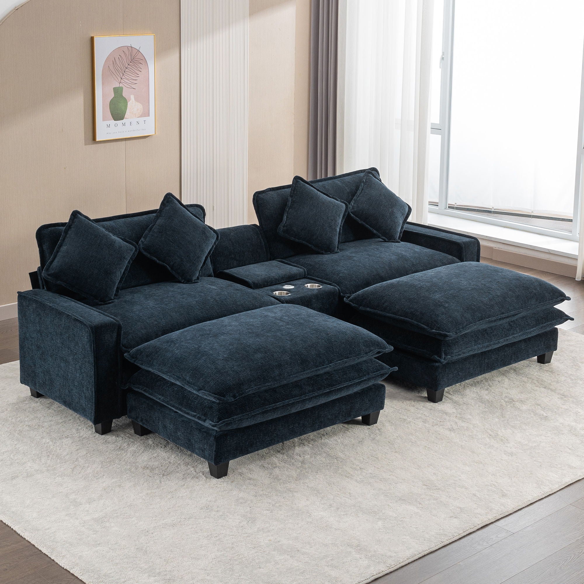 Sectional Sofa Chenille Upholstered Sofa With Two Removable Ottoman, Two USB Ports, Two Cup Holders And Large Storage Box For Living Room - Best Buy Furniture