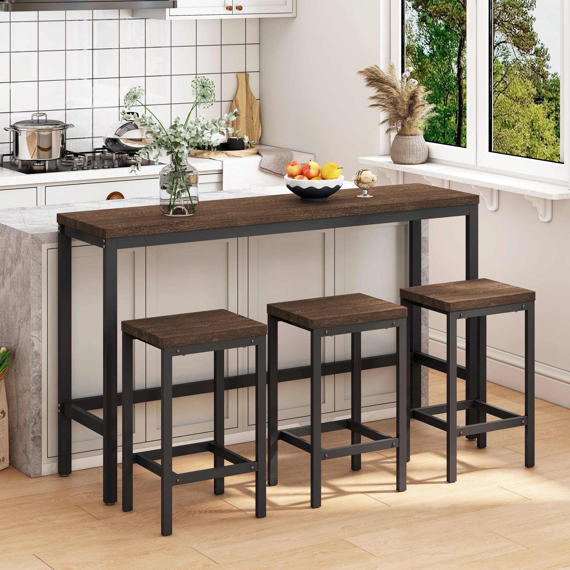 Modern Design Long Dining Table Set With 3 Stools - Best Buy Furniture