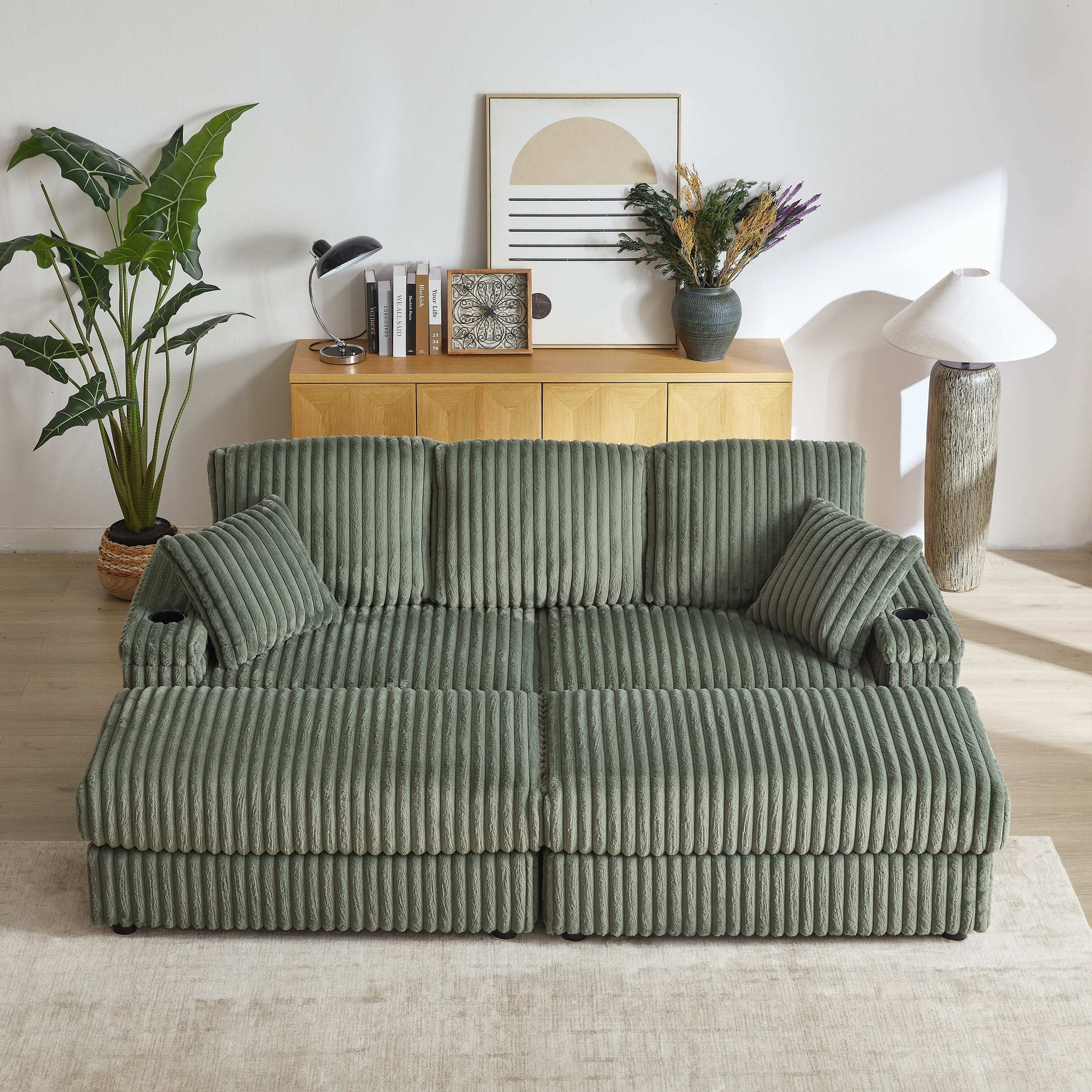 Xena Modern Corduroy Sofa With Cupholders with Storage And Ottomans - Best Buy Furniture