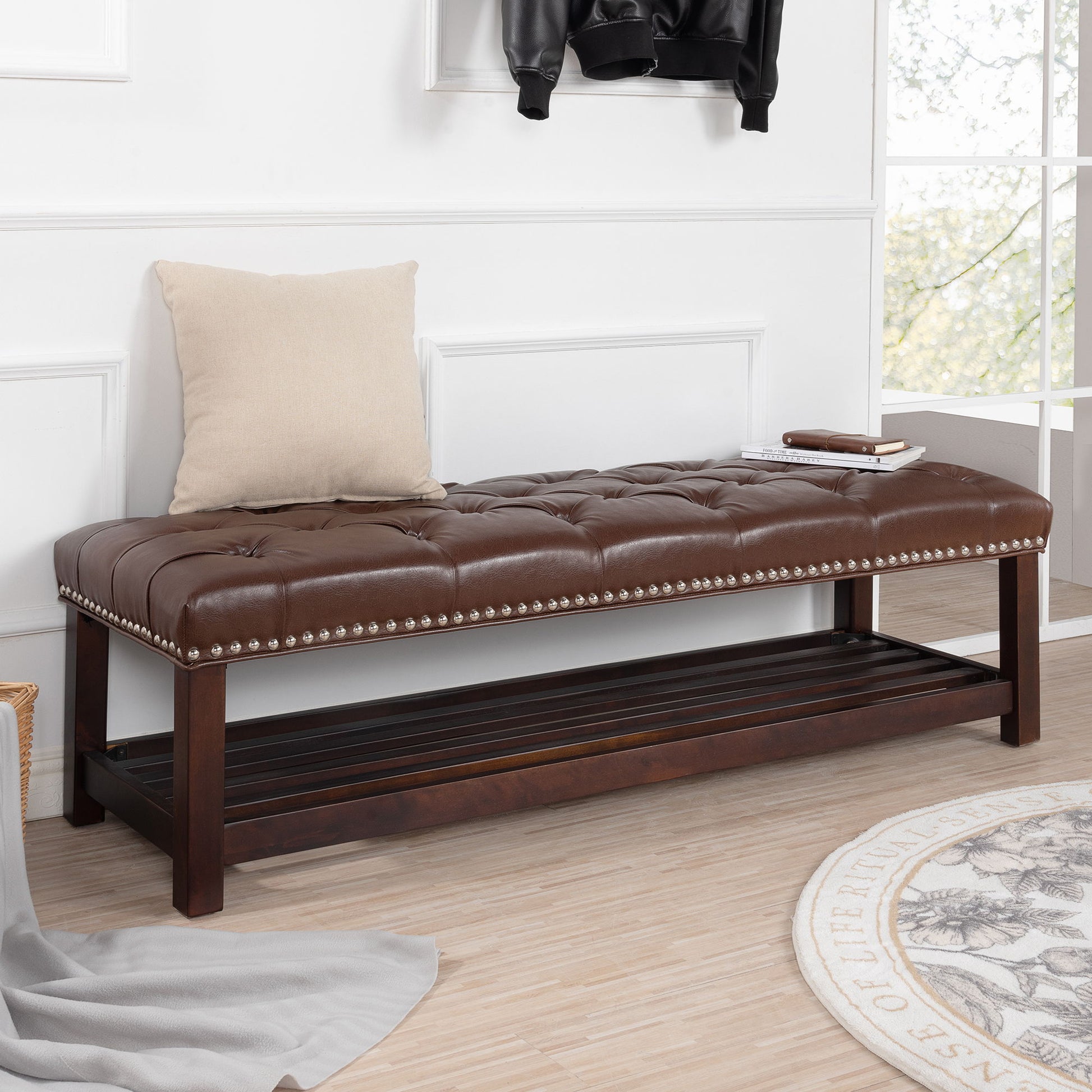 Bedroom End Of Bed Bench Tufted Upholstered End Of Bed Bench End Of Bed Entrance Shoe Bench With Nailhead Trim And Shelf Bedroom Upholstered Leather Bench Living Room Shoe Rack Footstool - Best Buy Furniture