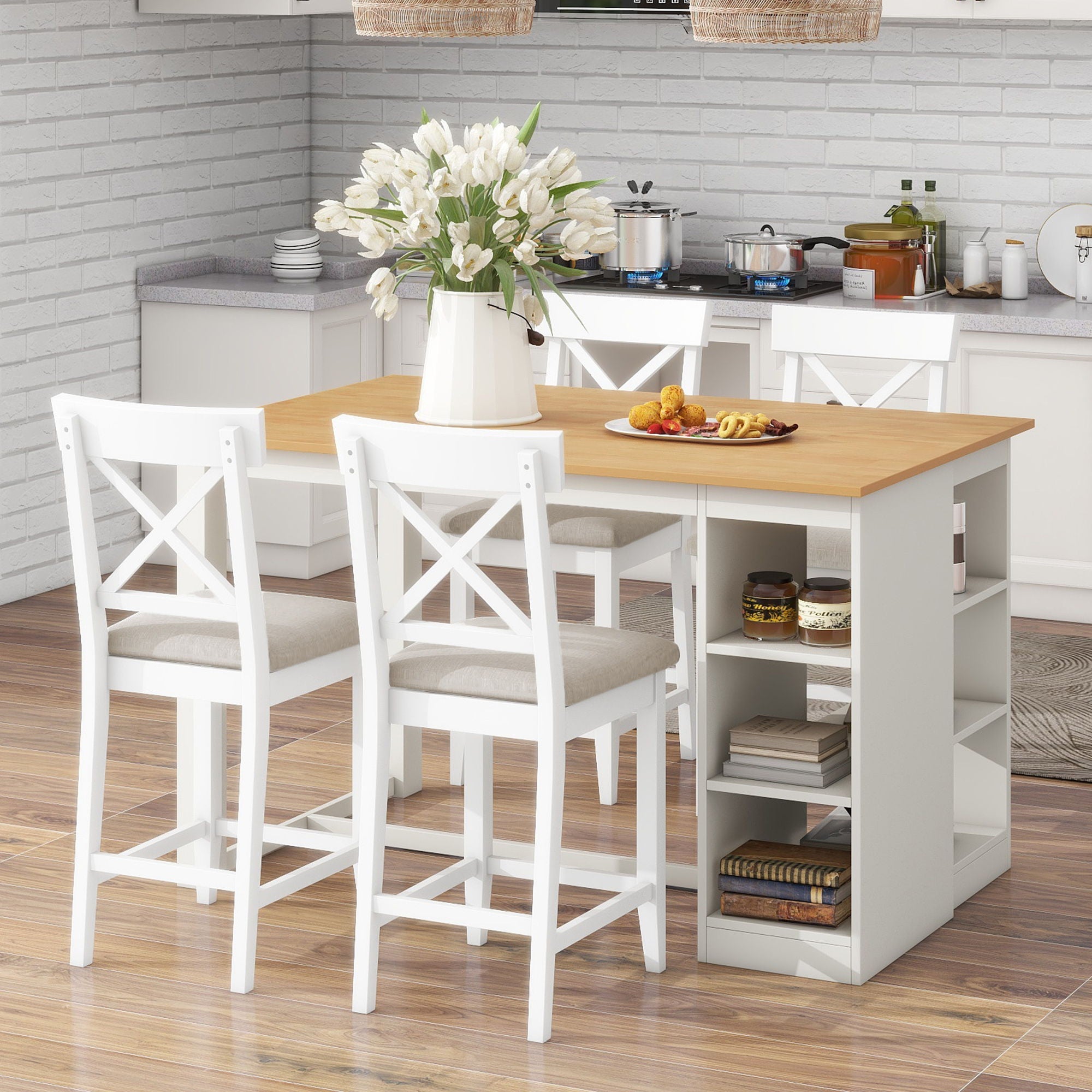 Solid Wood Farmhouse Counter Height Dining Table Set With 3 Tier Storage Shelves - Best Buy Furniture
