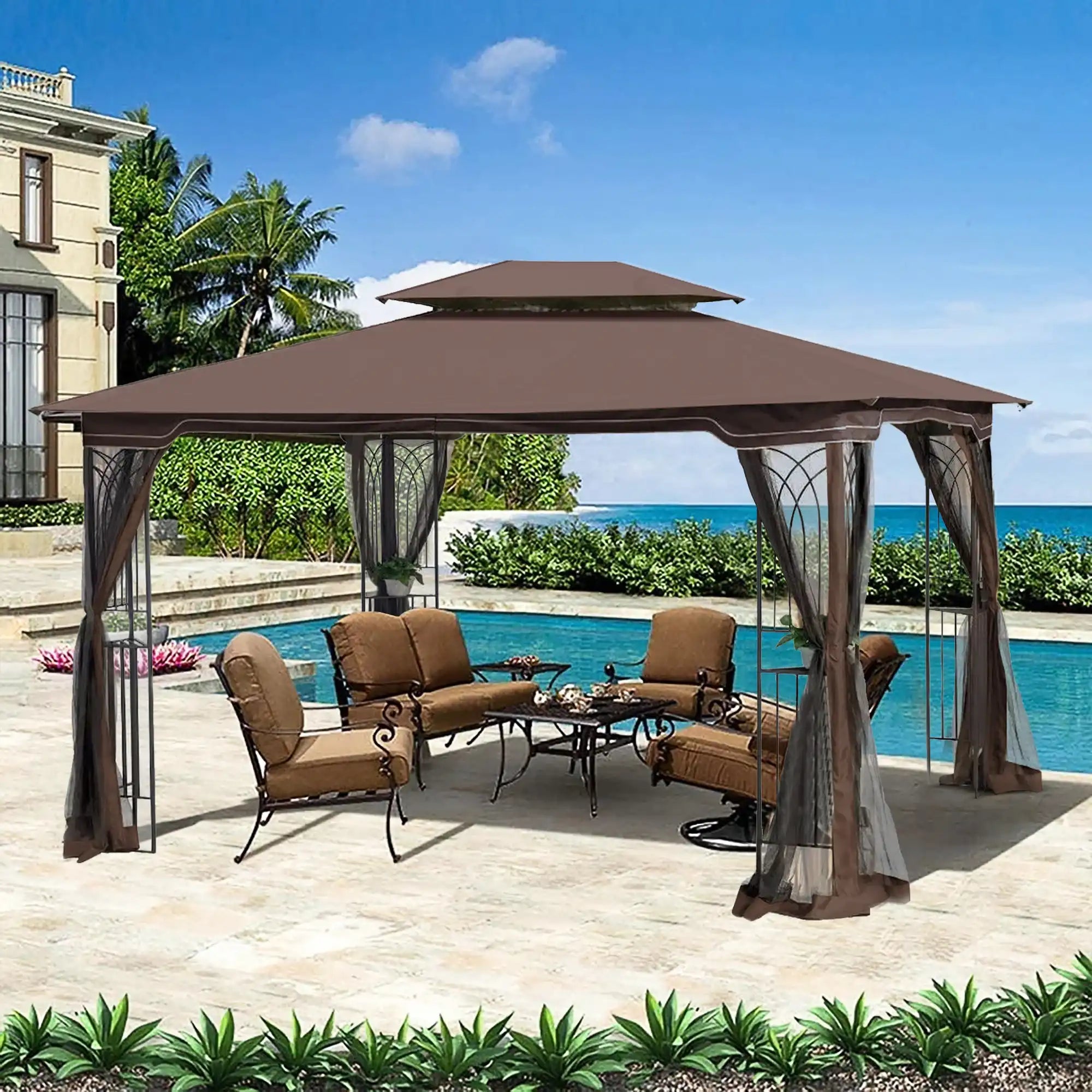 13x10 Brown Patio Gazebo Canopy Tent with Mosquito Net - Best Buy Furniture