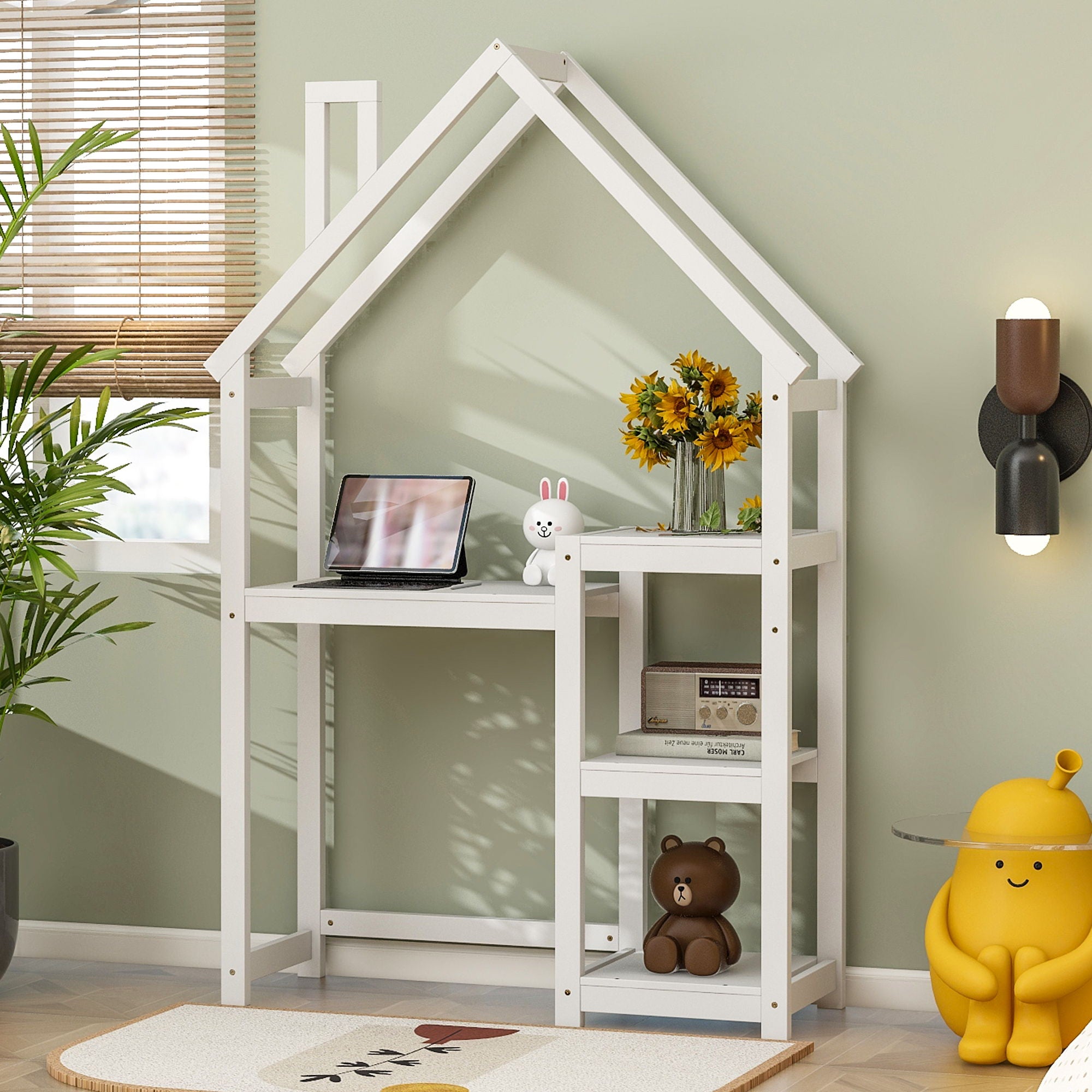 House-Shaped Wooden Writing Desk, Kids Study Table, Bookshelf & Toy Storage - Best Buy Furniture