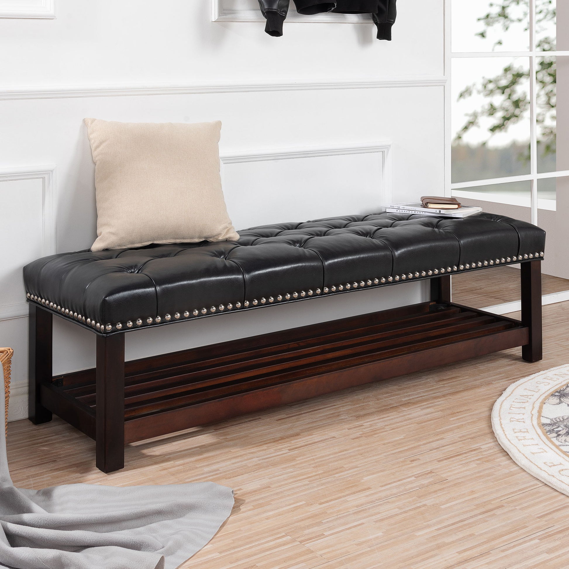Bedroom End Of Bed Bench Tufted Upholstered End Of Bed Bench End Of Bed Entrance Shoe Bench With Nailhead Trim And Shelf Bedroom Upholstered Leather Bench Living Room Shoe Rack Footstool - Best Buy Furniture