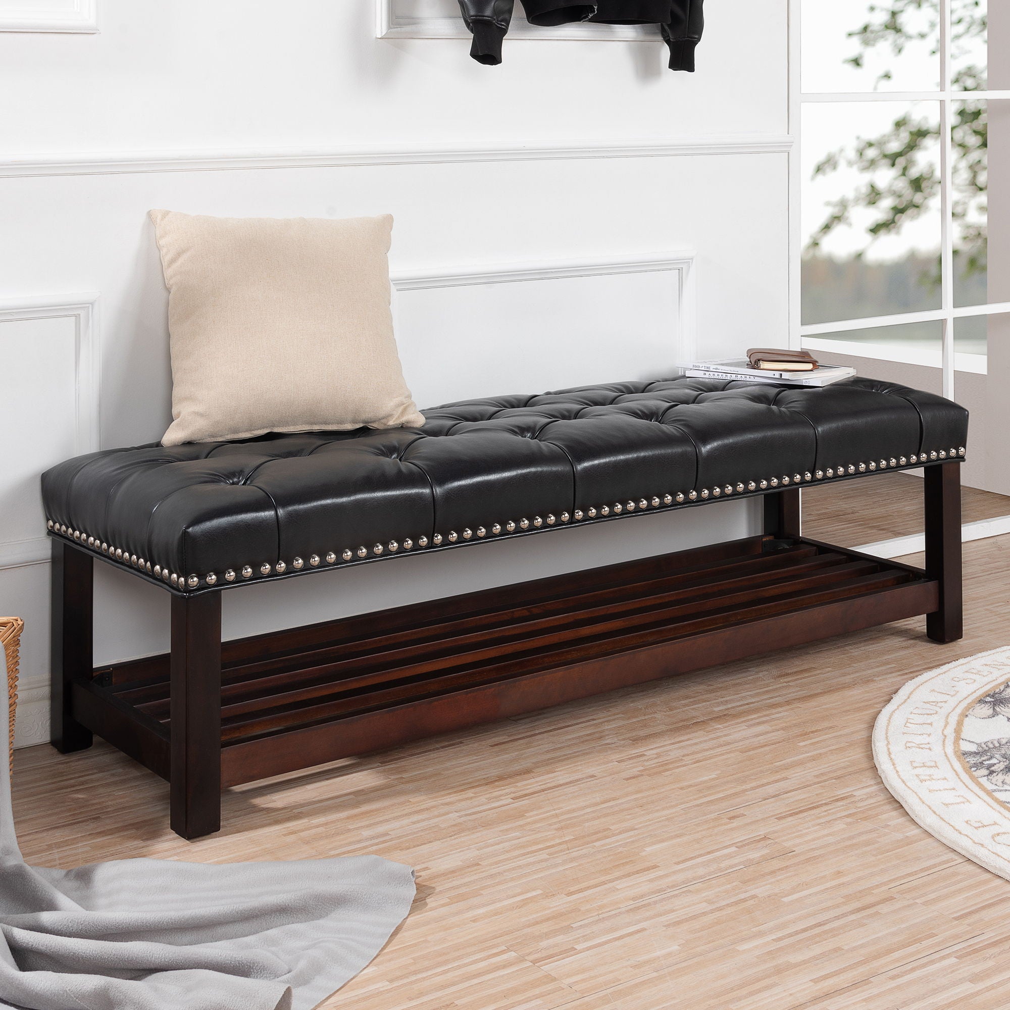 Bedroom End Of Bed Bench Tufted Upholstered End Of Bed Bench End Of Bed Entrance Shoe Bench With Nailhead Trim And Shelf Bedroom Upholstered Leather Bench Living Room Shoe Rack Footstool - Best Buy Furniture