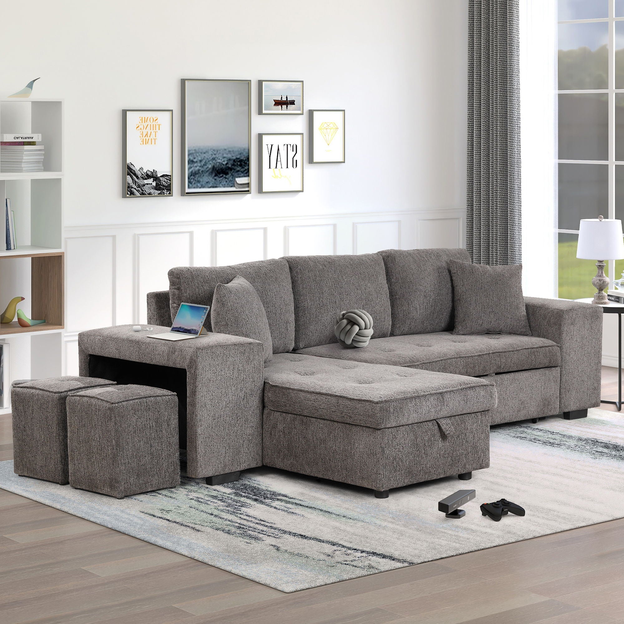Modern L-Shape 3 Seat Reversible Sectional Couch, Pull Out Sleeper Sofa With Storage Chaise And 2 Stools For Living Room Furniture Set - Best Buy Furniture