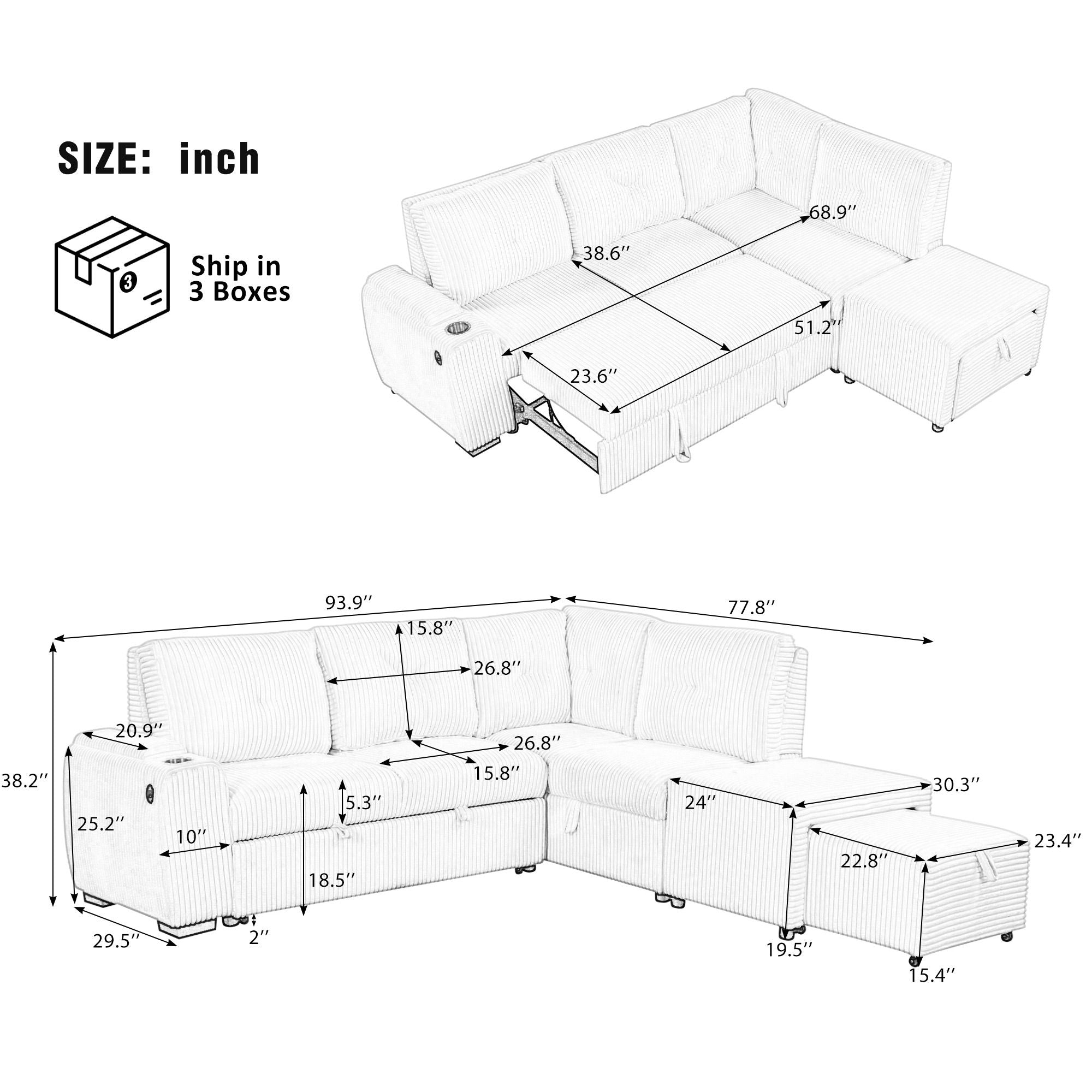 Pull-Out L-Shaped Sectional Sofa With Movable Ottoman And Stool, Large Storage Space, A Cup Holder, And 2 USB Ports For Living Room - Best Buy Furniture