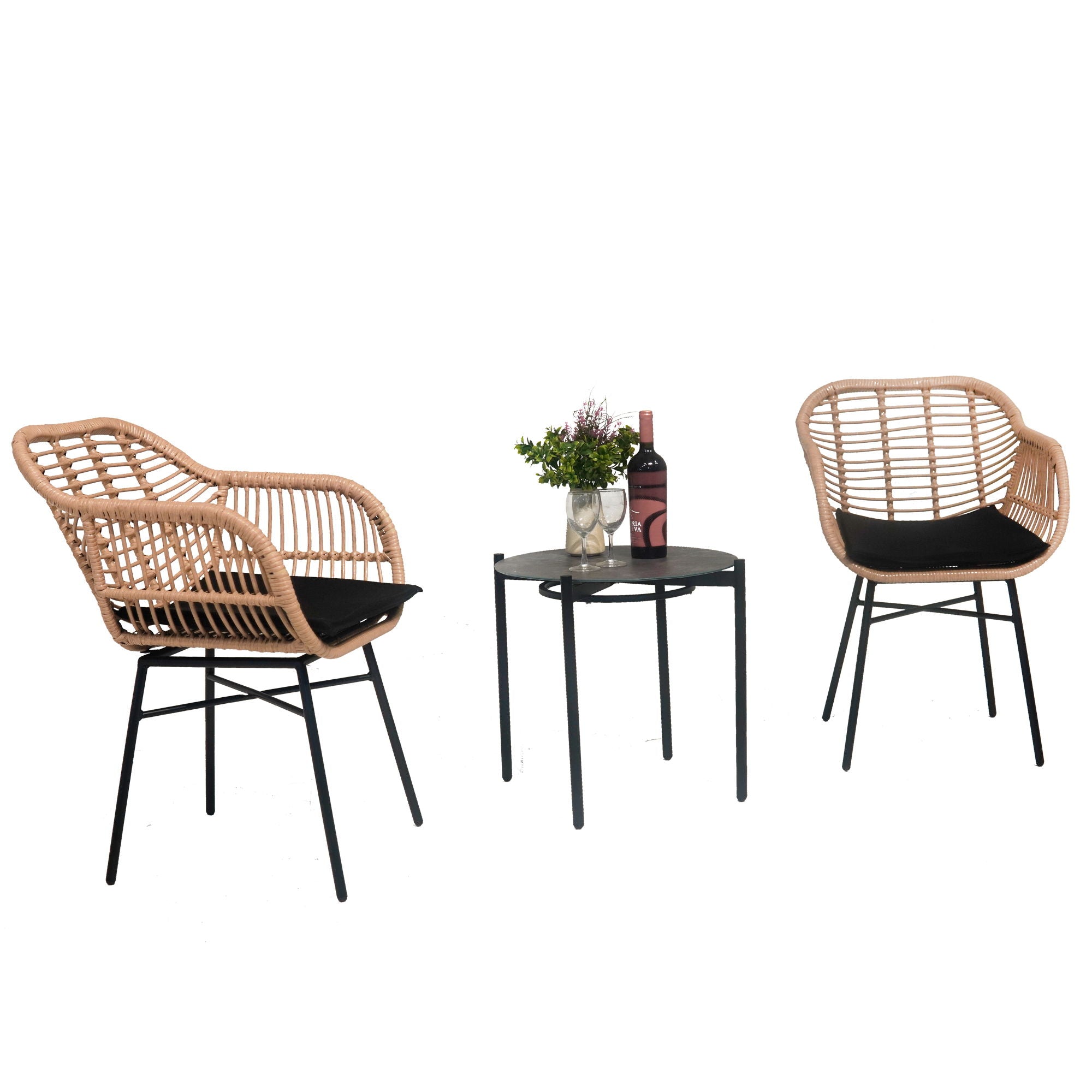 3 Pieces Of Luxury Outdoor Wicker Furniture, Patio Bistro Style Table And Chair Combination, Weather Resistant PE Wicker Weave, Suitable For Garden - Black / Natural - Best Buy Furniture