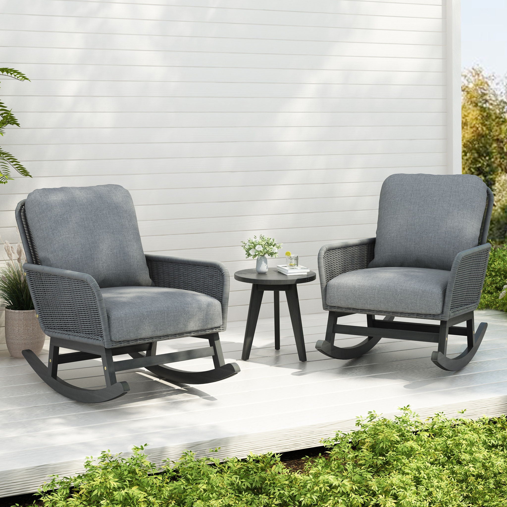 Modern 3 Piece Outdoor Seating Set With Cushioned Rattan Rocking Chairs And Wooden Accent Table - Best Buy Furniture