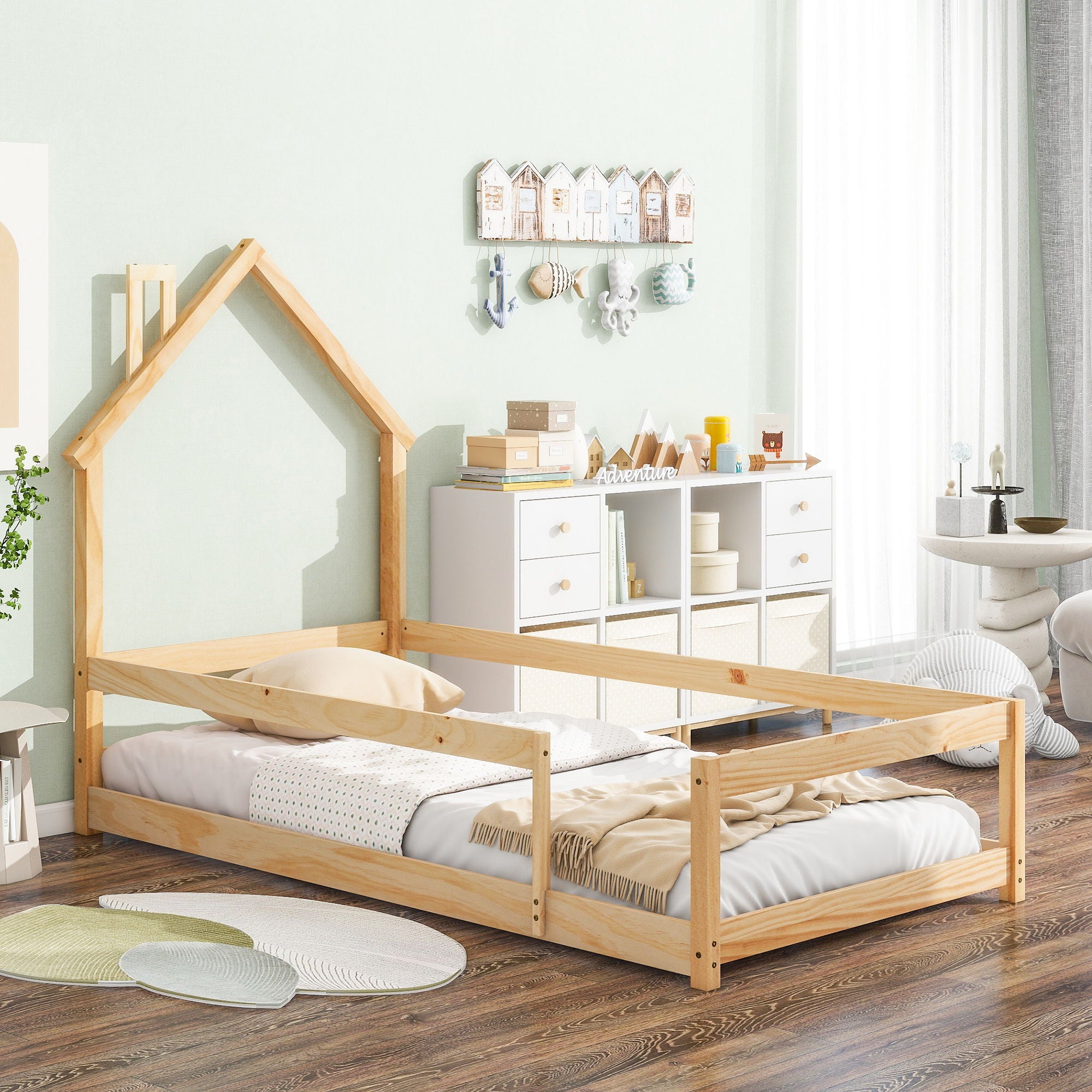 Wood Bed With House Shaped Headboard Floor Bed With Fences - Best Buy Furniture