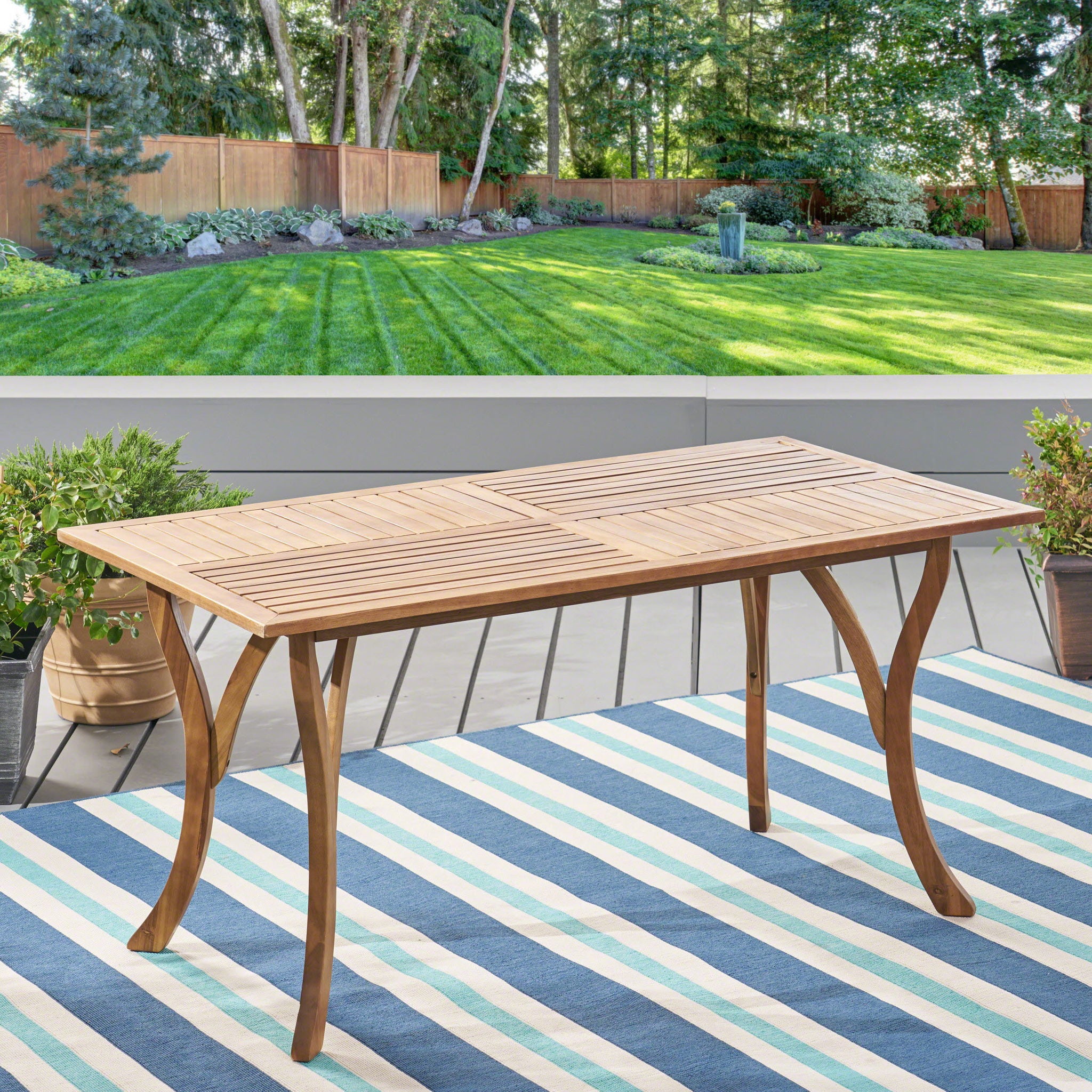 Outdoor Rectangular Table With Curved Legs And Perpendicular Wooden Slats Table Top - Best Buy Furniture