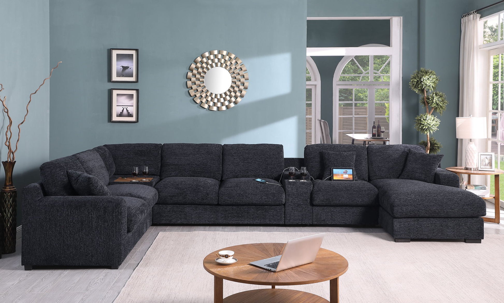 Celine - Chenille Fabric Corner Sectional Sofa With Right-Facing Chaise, Cupholders, And Charging Ports - Best Buy Furniture