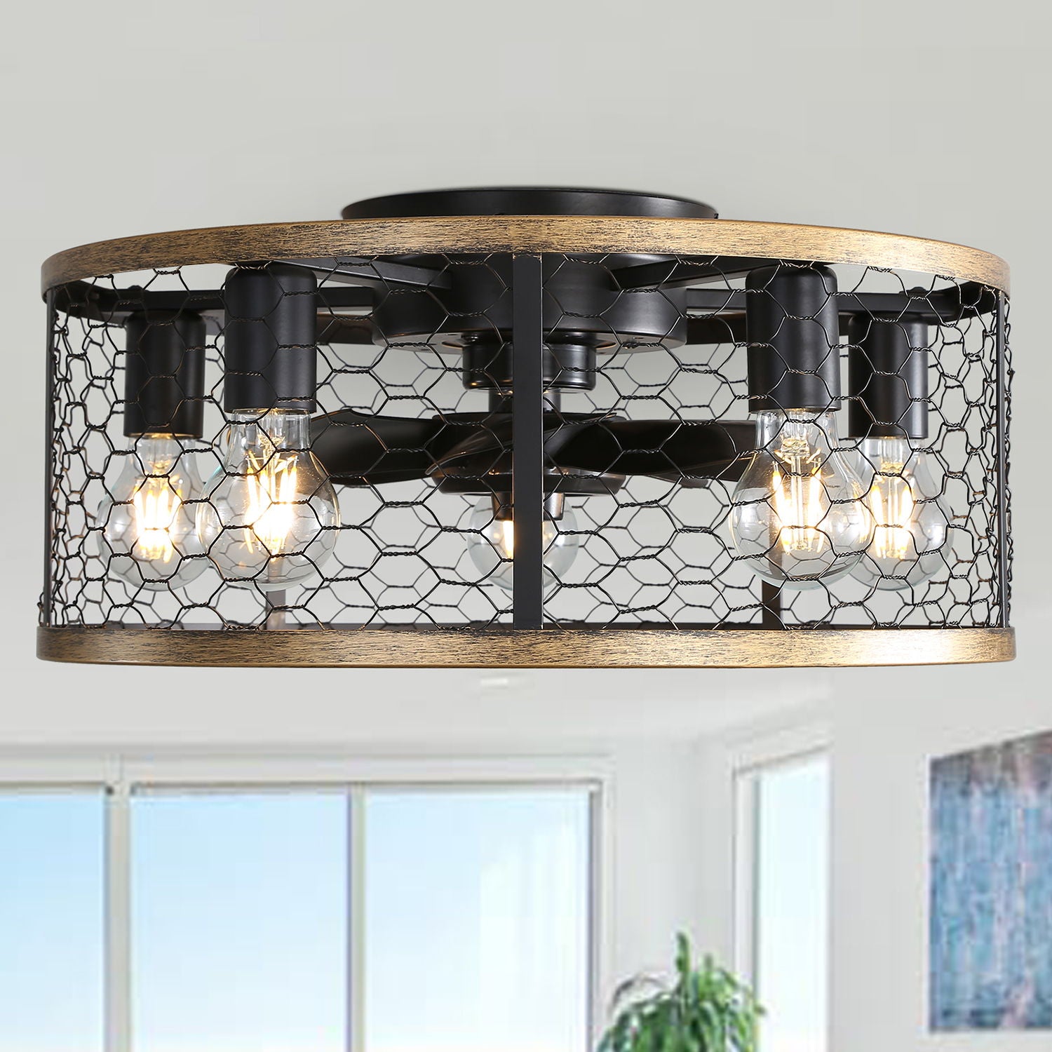 20" Industrial Caged Ceiling Fan, With 7 - ABS Blades Remote Control Reversible DC Motor, Small Flush Mount Ceiling Fan For Farmhouse - Black - Best Buy Furniture