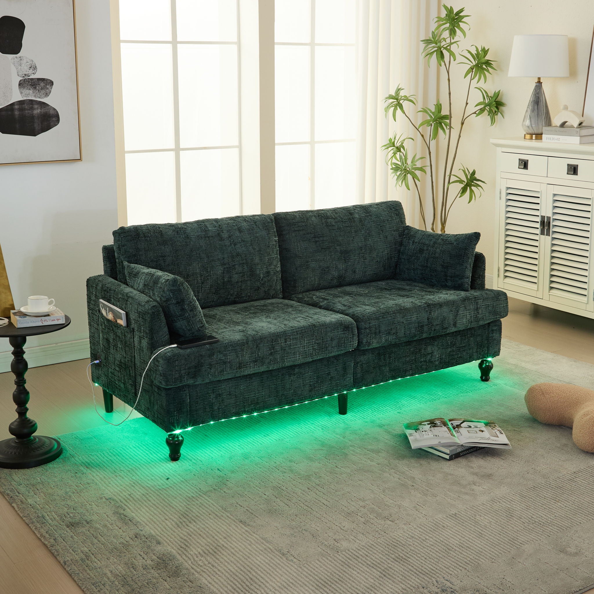 Chenille 2 Seater Sofa With LED Light, USB Charging Port, And Storage Bag - Best Buy Furniture