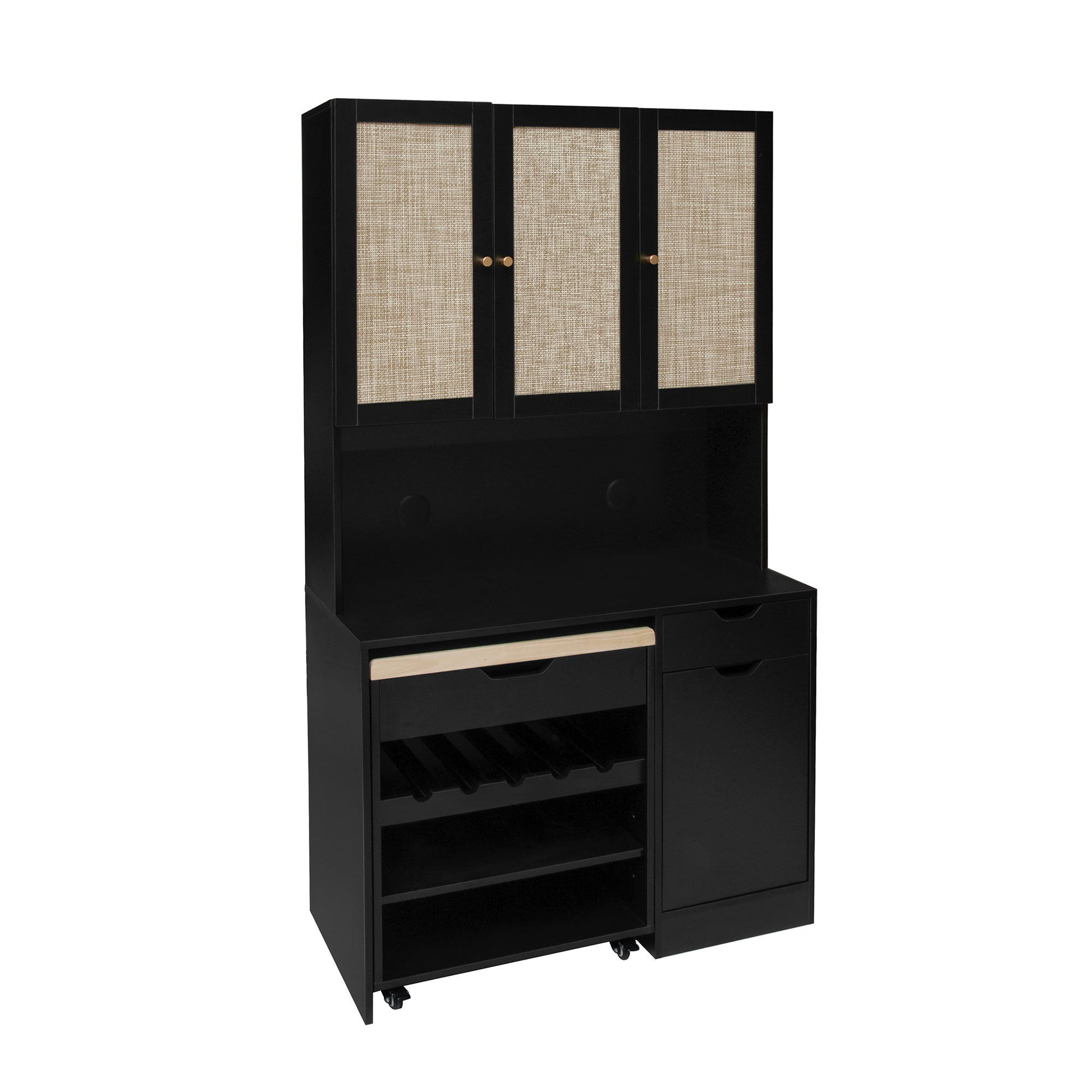 Kitchen Pantry Storage Cabinet, Modern Buffet Cabinet With Kitchen Cart, Tall Kitchen Hutch Cabinet With Microwave Stand, Food Pantry Cabinet With 3 Rattan Doors And Adjustable Shelves - Black - Best Buy Furniture