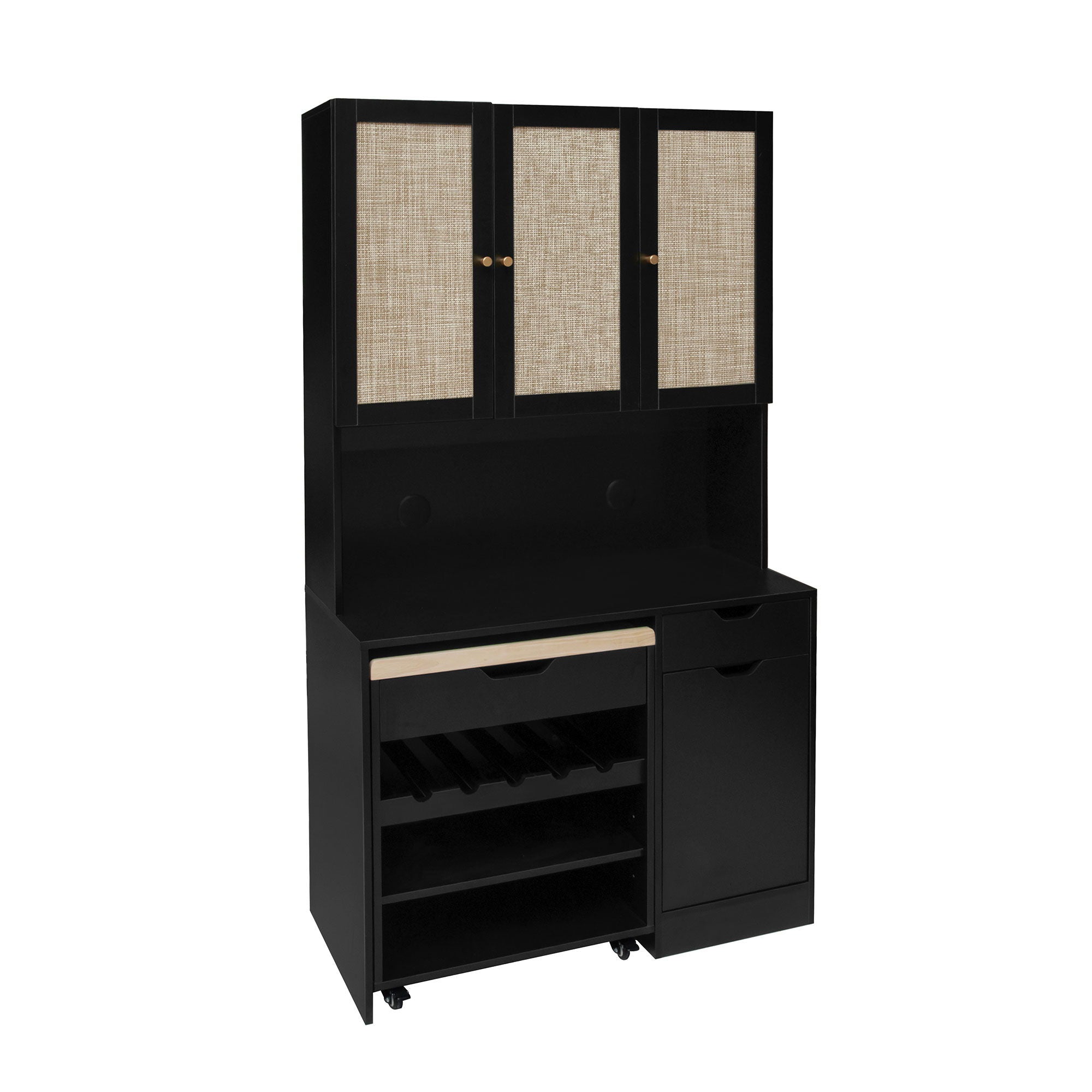Kitchen Pantry Storage Cabinet, Modern Buffet Cabinet With Kitchen Cart, Tall Kitchen Hutch Cabinet With Microwave Stand, Food Pantry Cabinet With 3 Rattan Doors And Adjustable Shelves - Black - Best Buy Furniture