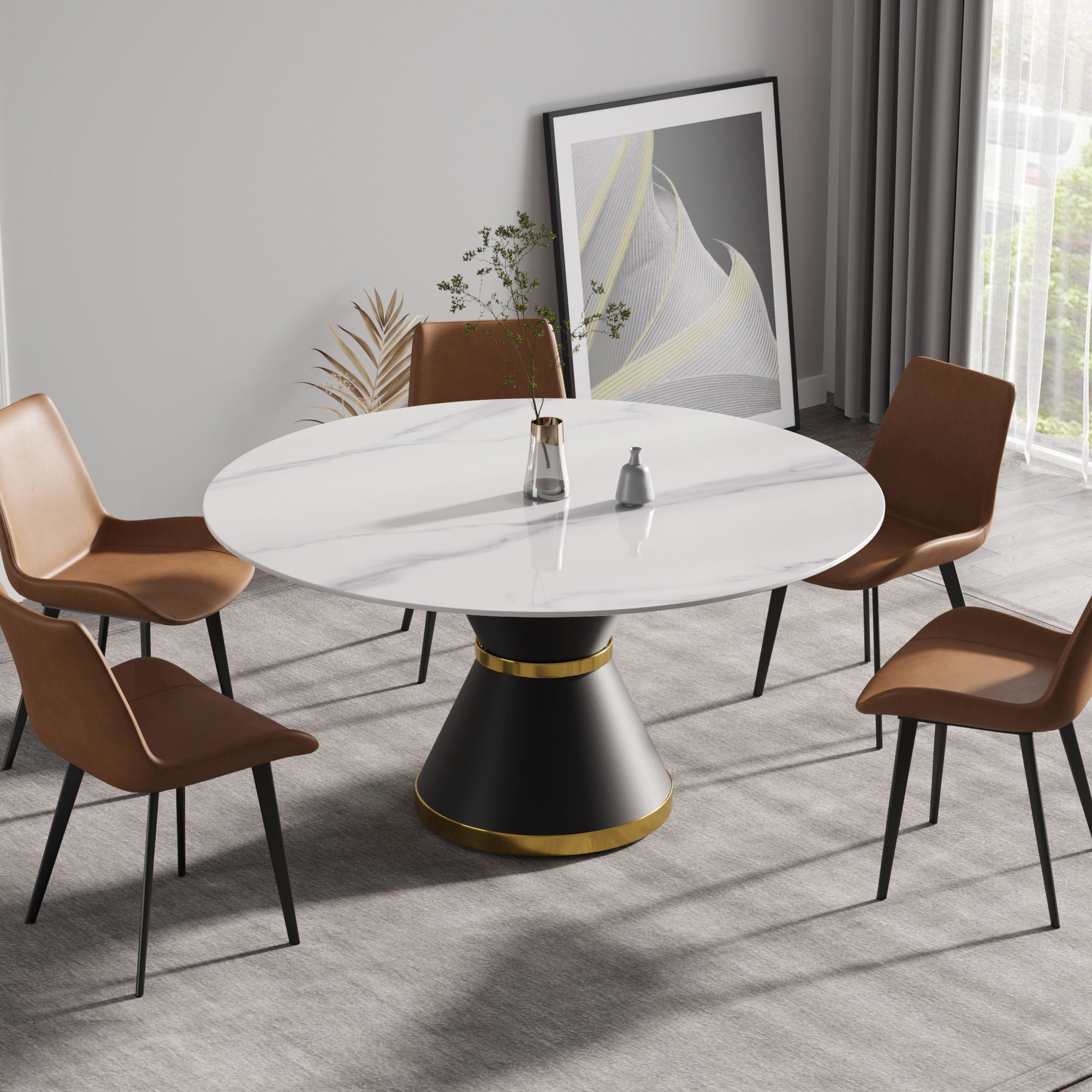 Modern Artificial Stone Round Carbon Steel Base Dining Table, Can Accommodate 6 People - Best Buy Furniture