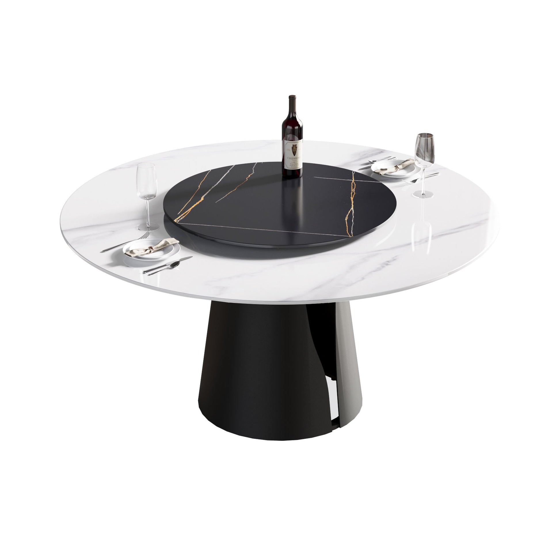 Modern Artificial Stone Round Carbon Steel Base Dining Table, Can Accommodate 6 People, Black Artificial Stone Turntable - Best Buy Furniture