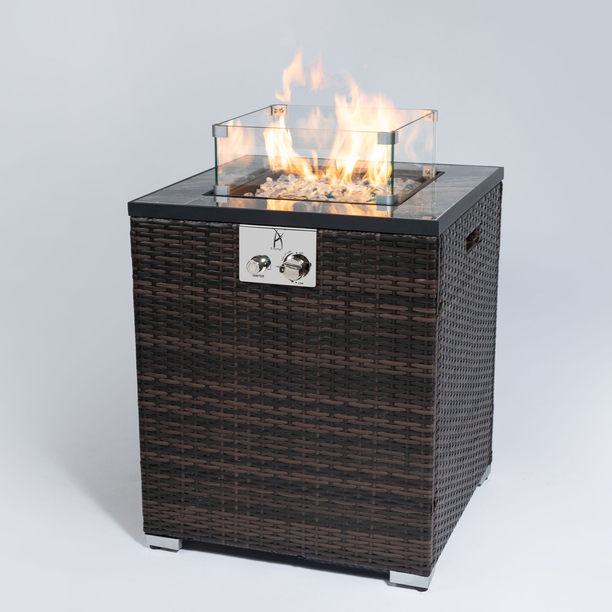 Propane Gas Square Fire Pit, Tile Tabletop With Beautiful Wicker Base For Outside - Best Buy Furniture