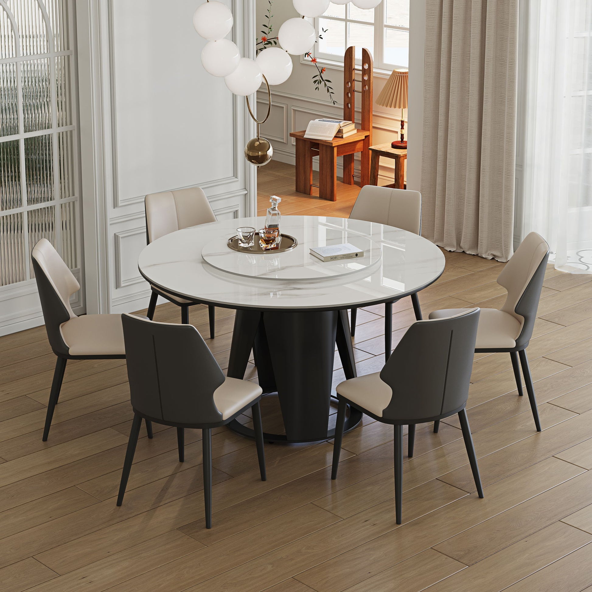 Modern Sintered Stone Dining Table With Round Turntable, Metal Pedestal, And Chairs - Best Buy Furniture