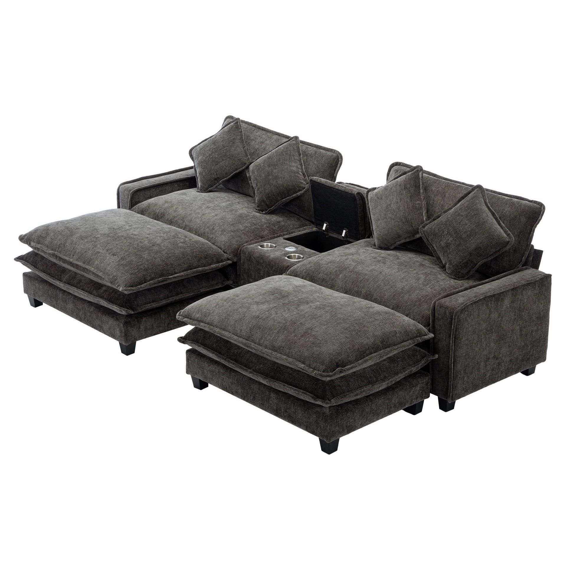 Sectional Sofa Chenille Upholstered Sofa With Two Removable Ottoman, Two USB Ports, Two Cup Holders And Large Storage Box For Living Room - Best Buy Furniture