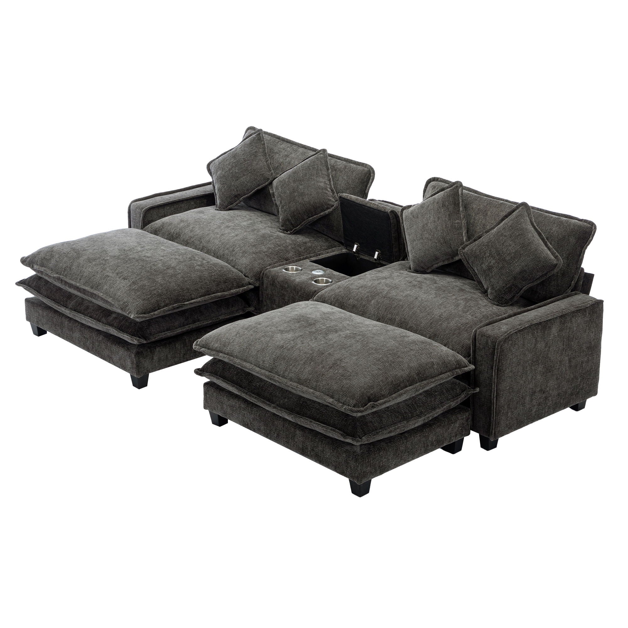 Sectional Sofa Chenille Upholstered Sofa With Two Removable Ottoman, Two USB Ports, Two Cup Holders And Large Storage Box For Living Room - Best Buy Furniture