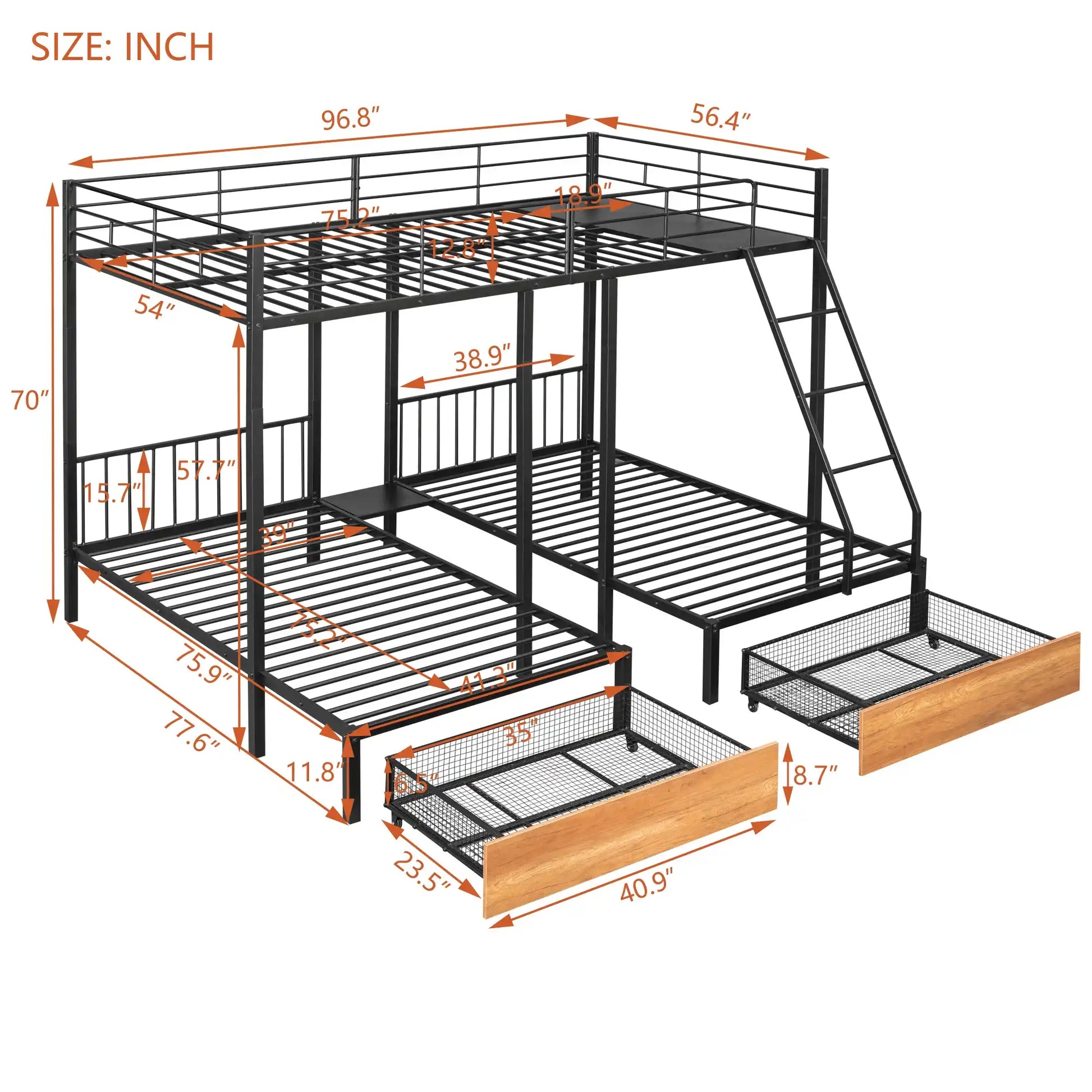 Full Over Twin & Twin Bunk Bed, Metal Triple Bunk Bed with Drawers and Guardrails, Black - Best Buy Furniture