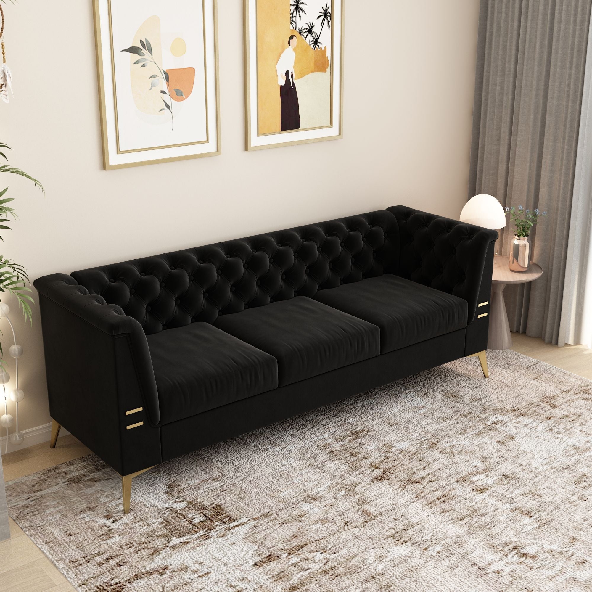 Luxurious Velvet Sofa With Gold Legs, Modern Chesterfield Design, Tufted Upholstery, 3 Seat Couch For Living Room And Office - Best Buy Furniture