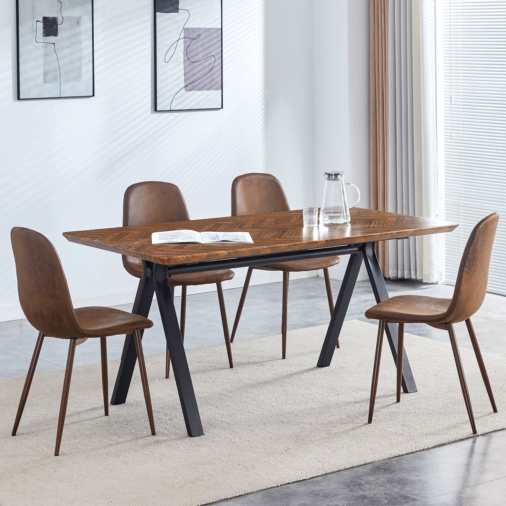 Suede Backrest Chairs With Metal Legs & Herringbone Dining Table Set - Best Buy Furniture