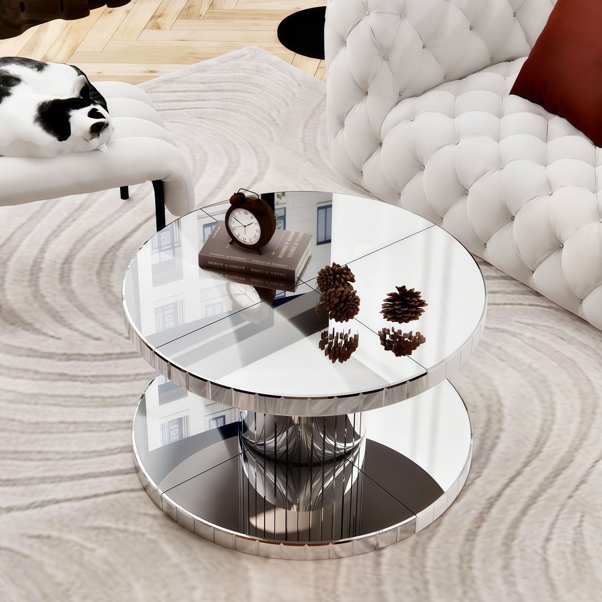 Luxury Double Tier Round Mirror Coffee & End Table With Fluted Glass Modern Sofa Side Table - Silver / Glass - Best Buy Furniture
