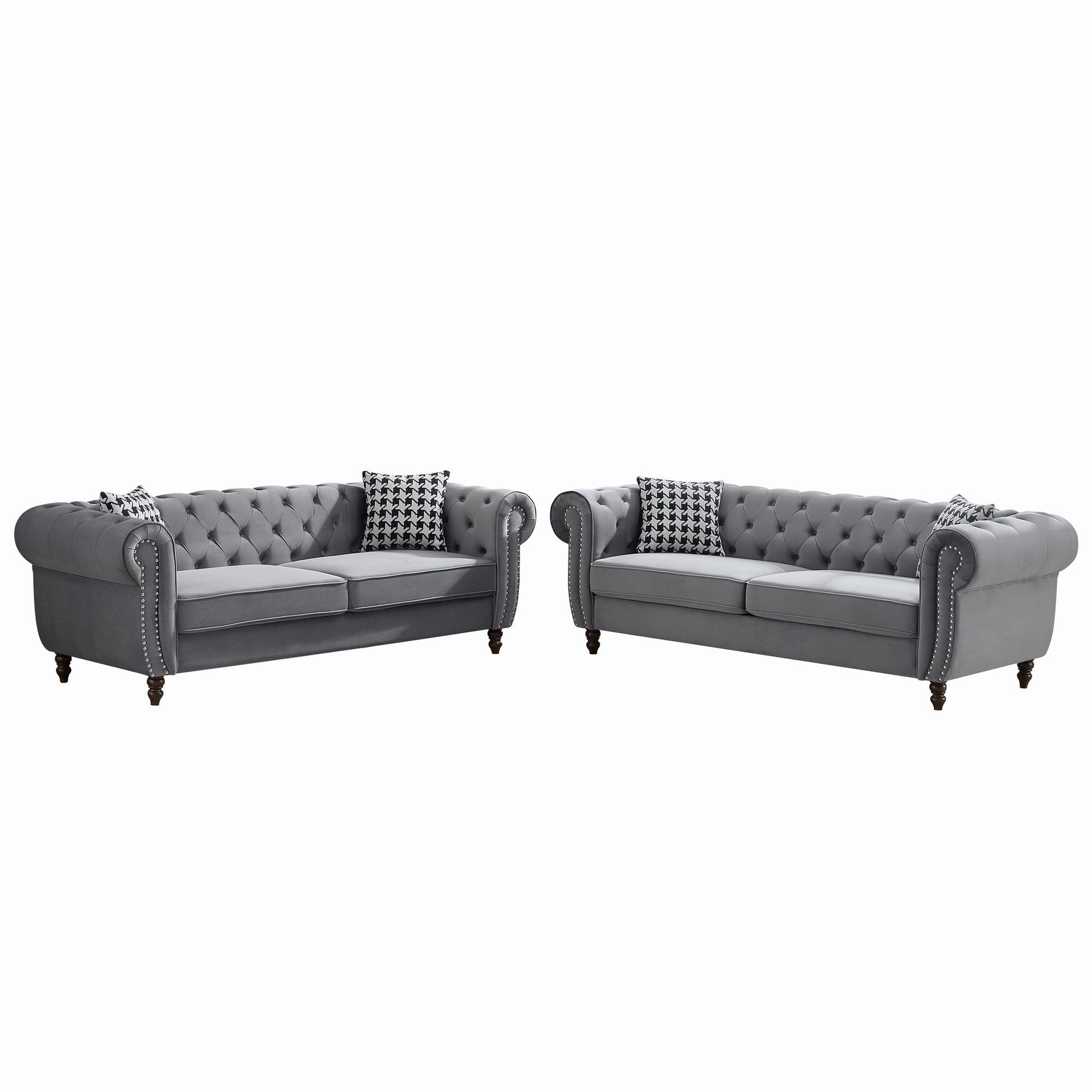 Chesterfield Velvet Upholstery Fabric Sofa With Roll Armrest & Nailhead, Mid Century Modern 3 And 3 Seater Couch - Best Buy Furniture