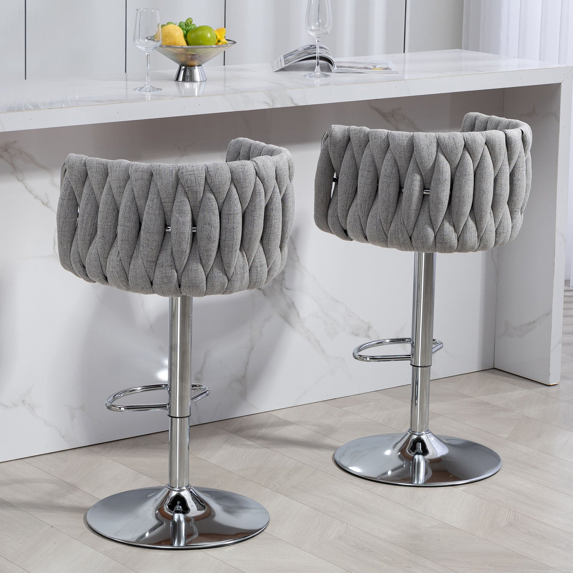 360 Degree Swivel Bar Stools Adjustable Counter Height Bar Chairs With Woven Back & Footrest, Silver Chromed Bar Stools For Kitchen Island (Set of 2) - Gray - Best Buy Furniture