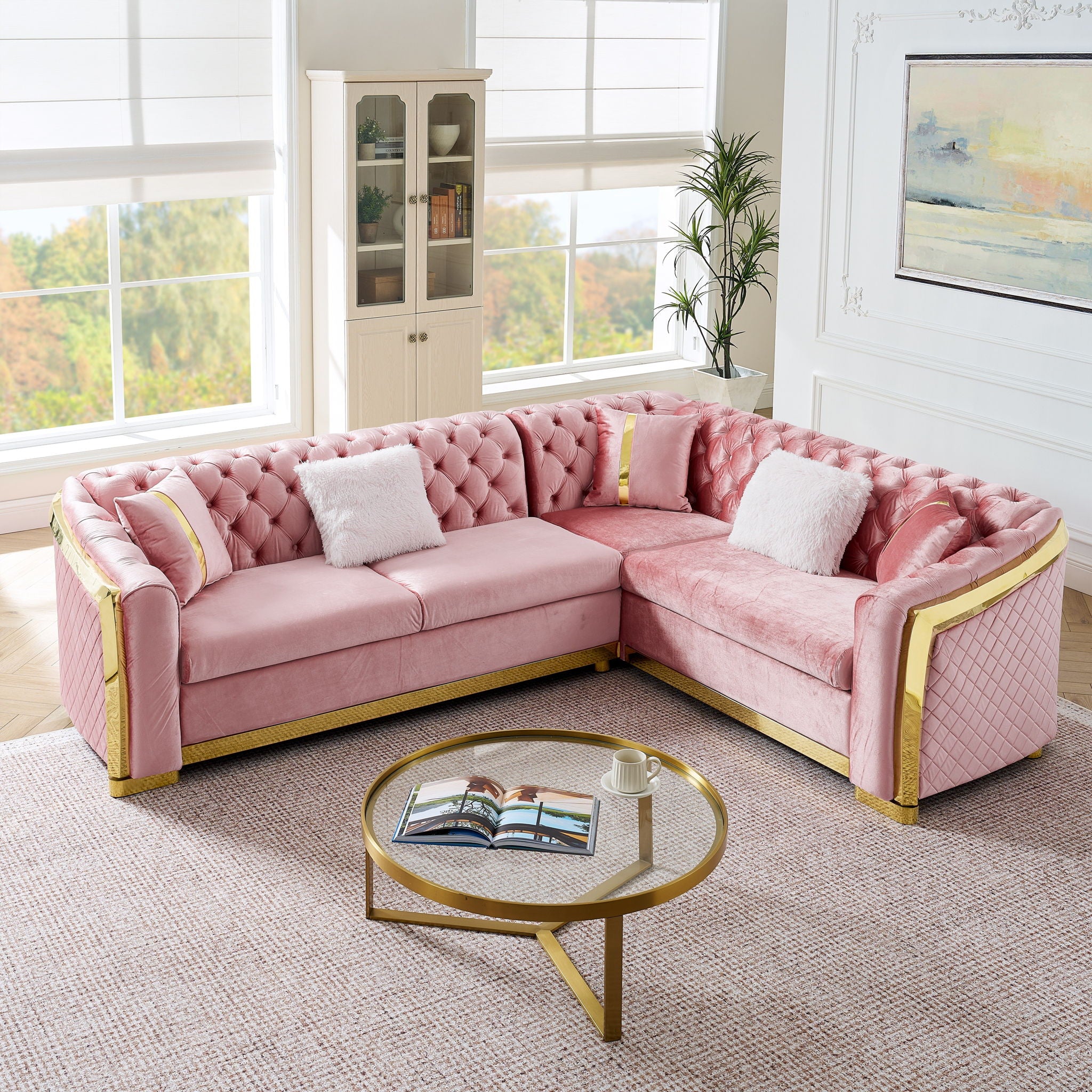 L Shaped Chesterfield Sectional Sofa With Stainless Steel Accents - Best Buy Furniture