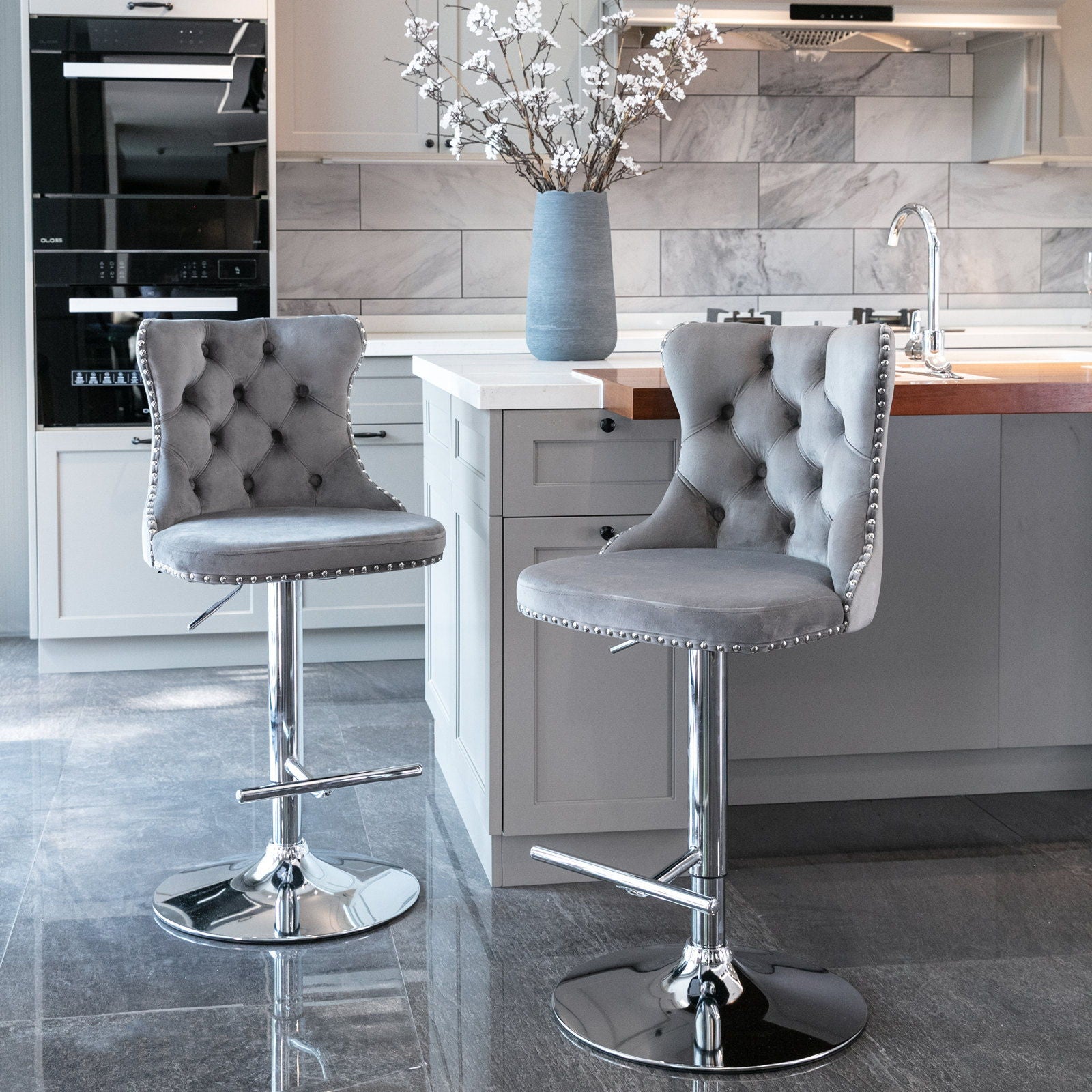 Swivel Velvet Barstools Adjusatble Seat Height From 25-33", Modern Upholstered Chrome Base Bar Stools With Backs Comfortable Tufted For Home Pub And Kitchen Island (Set of 2) - Best Buy Furniture