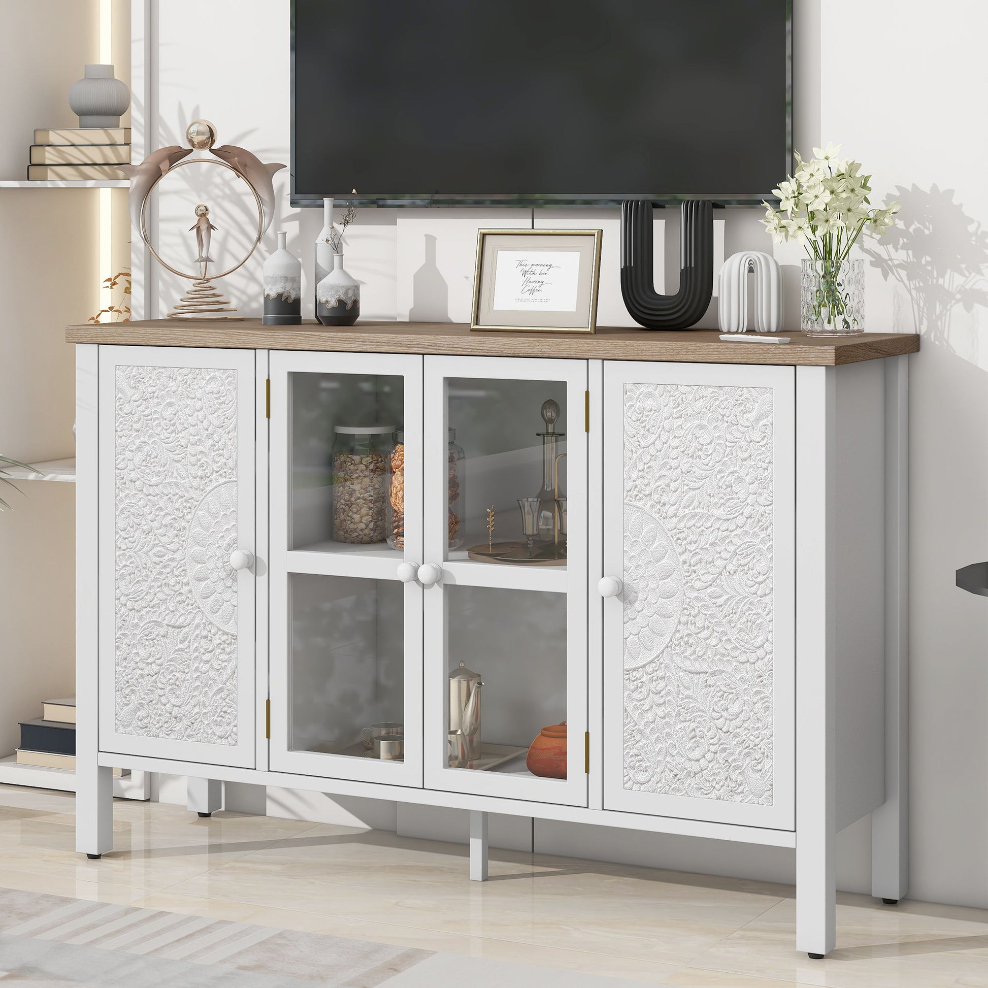 Retro TV Stand With 3 Spacious Cabinets, Glass Cabinet Doors And Anti-Tip Device - Best Buy Furniture