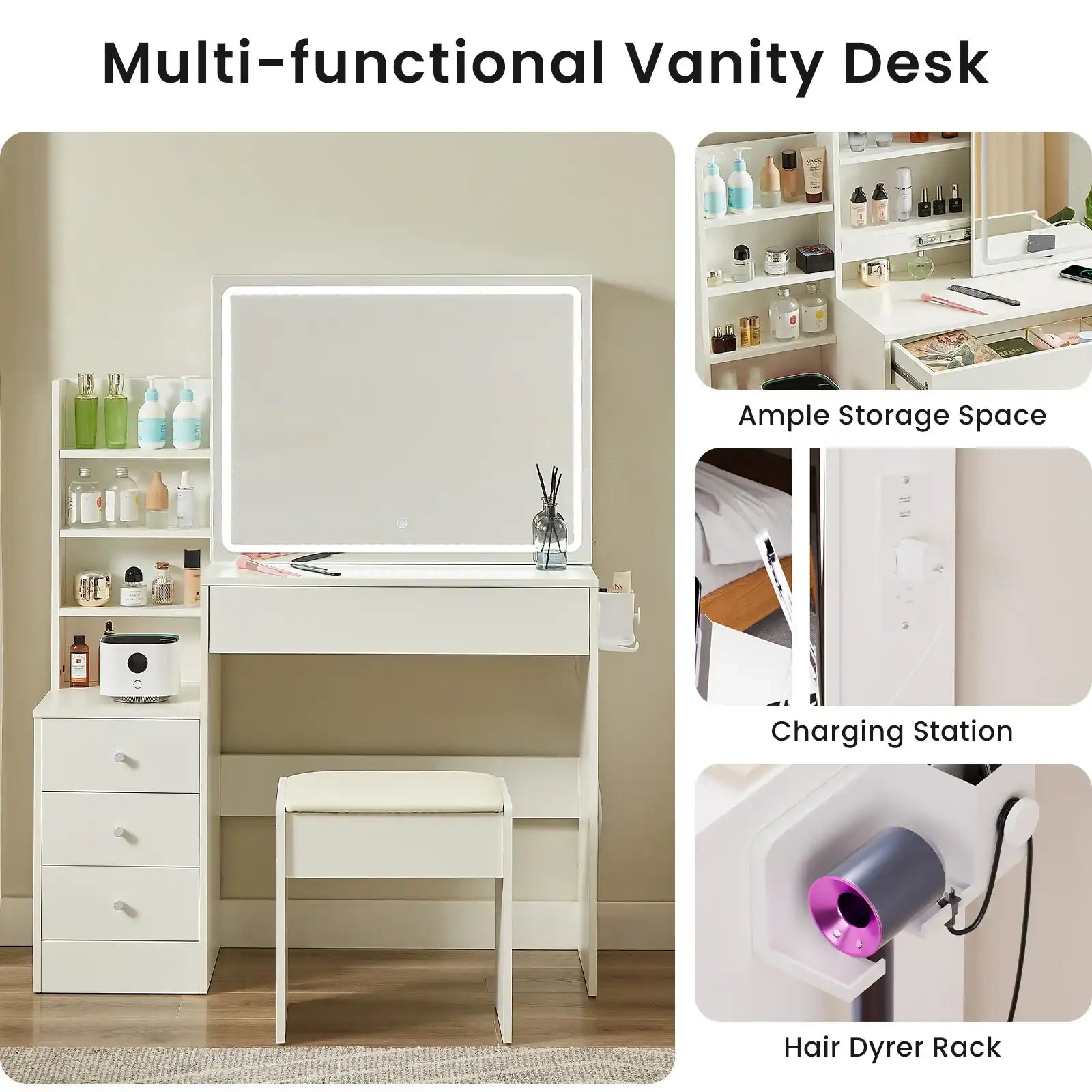 LED Vanity Table with Mirror & Stool, White - Best Buy Furniture