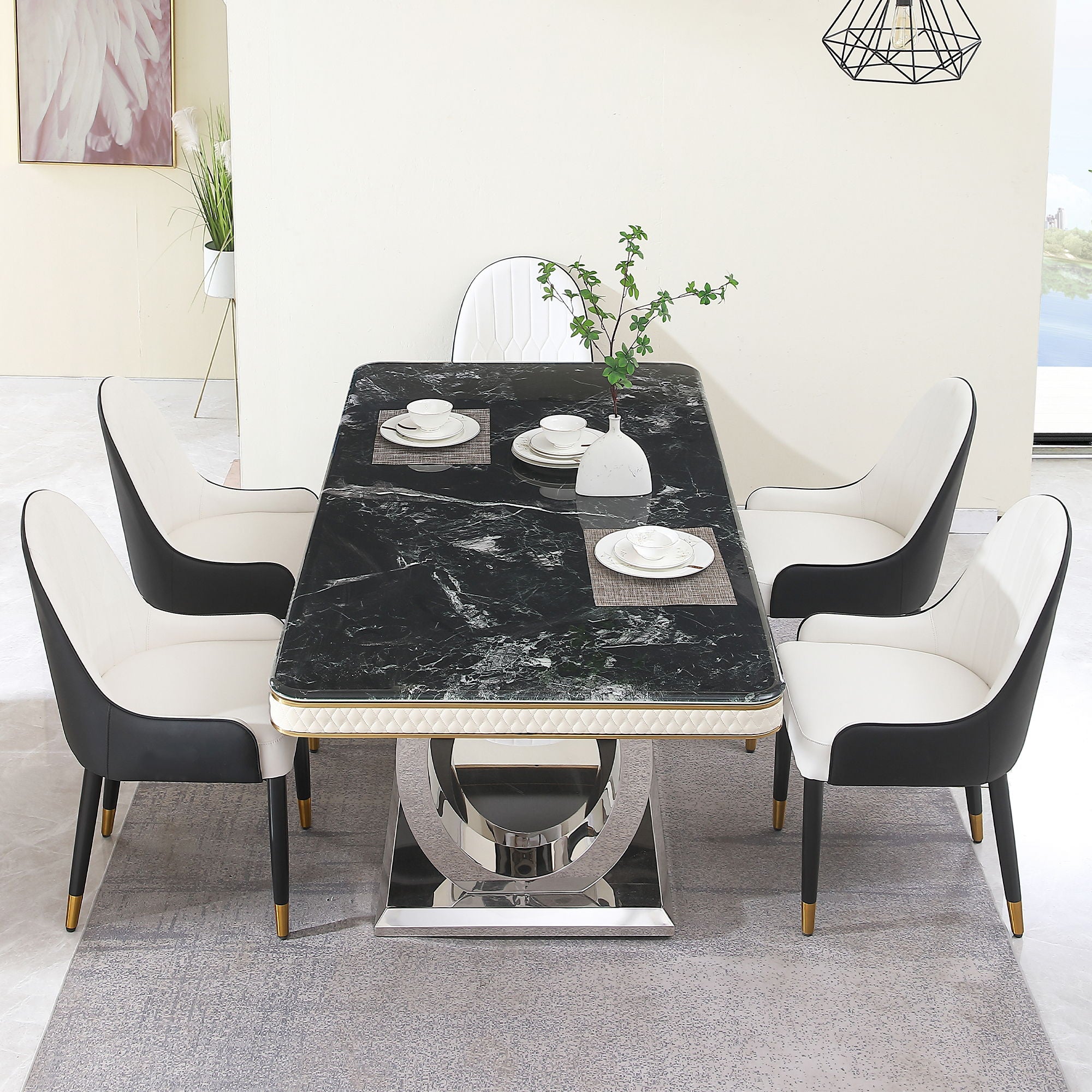 Luxury Modern Dining Table With 6 Chairs Marble Top Titanium Plated Base - Black - Best Buy Furniture
