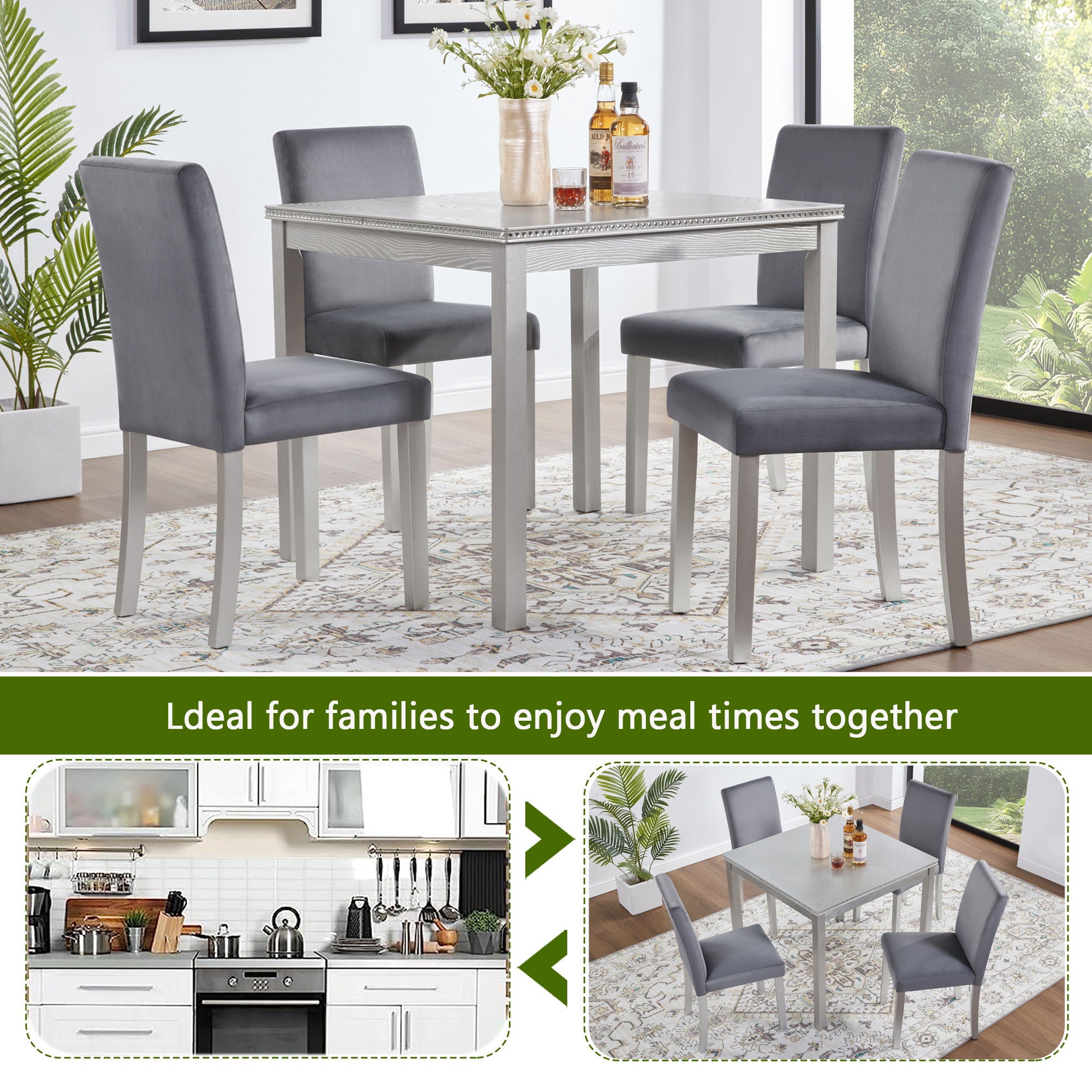 5 Pieces Wooden Dining Table Set, Square Table And 4 Upholstered Chairs - Best Buy Furniture