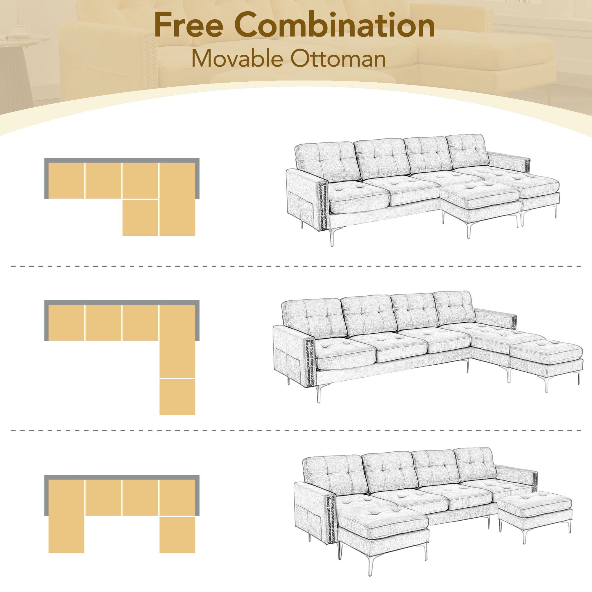 Modern L - Shape Convertible Sectional Sofa With Movable Ottoman - Best Buy Furniture