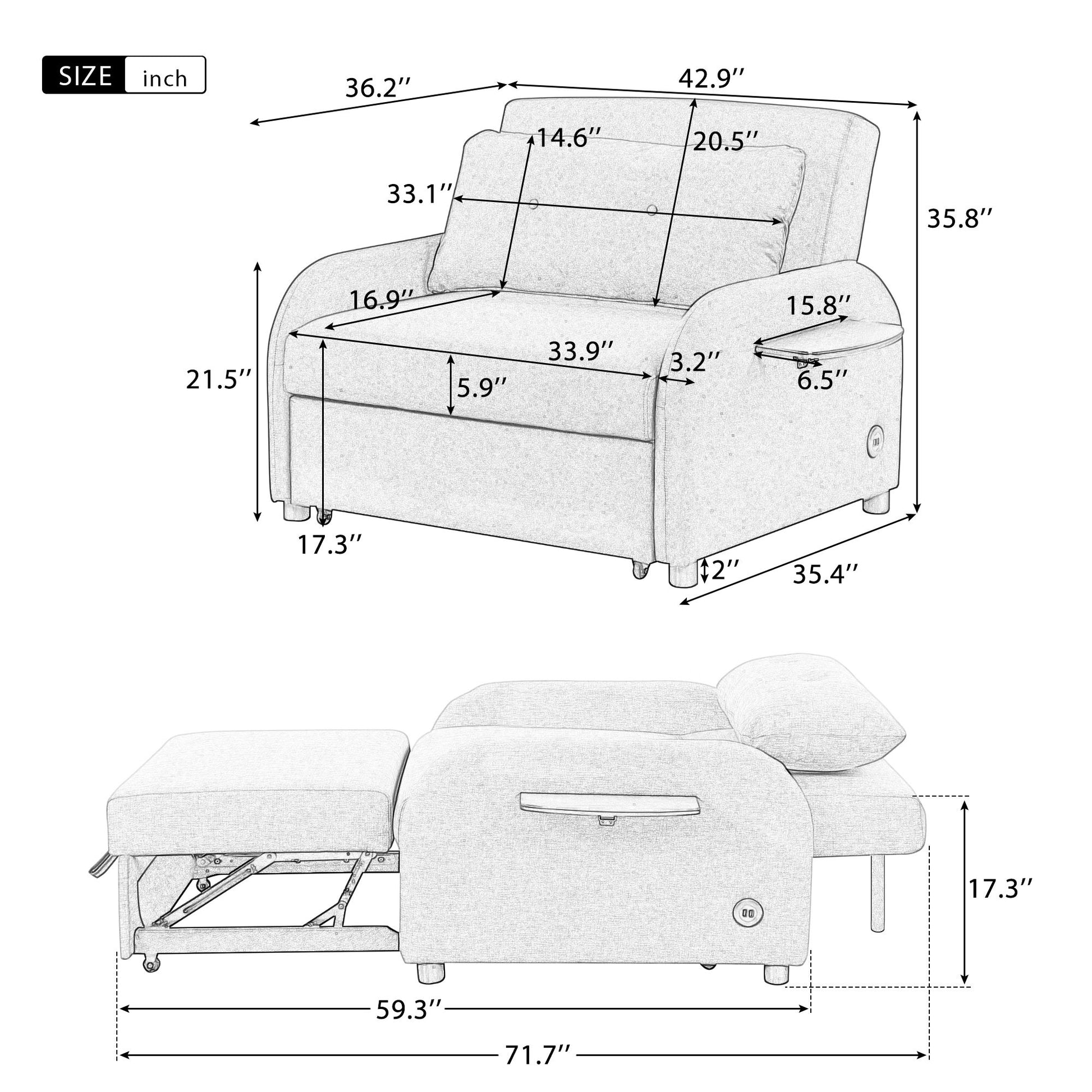 Versatile Pull Out Sofa Sleeper 3 In 1 With Wing Table & USB Charge, Compact Design - Best Buy Furniture