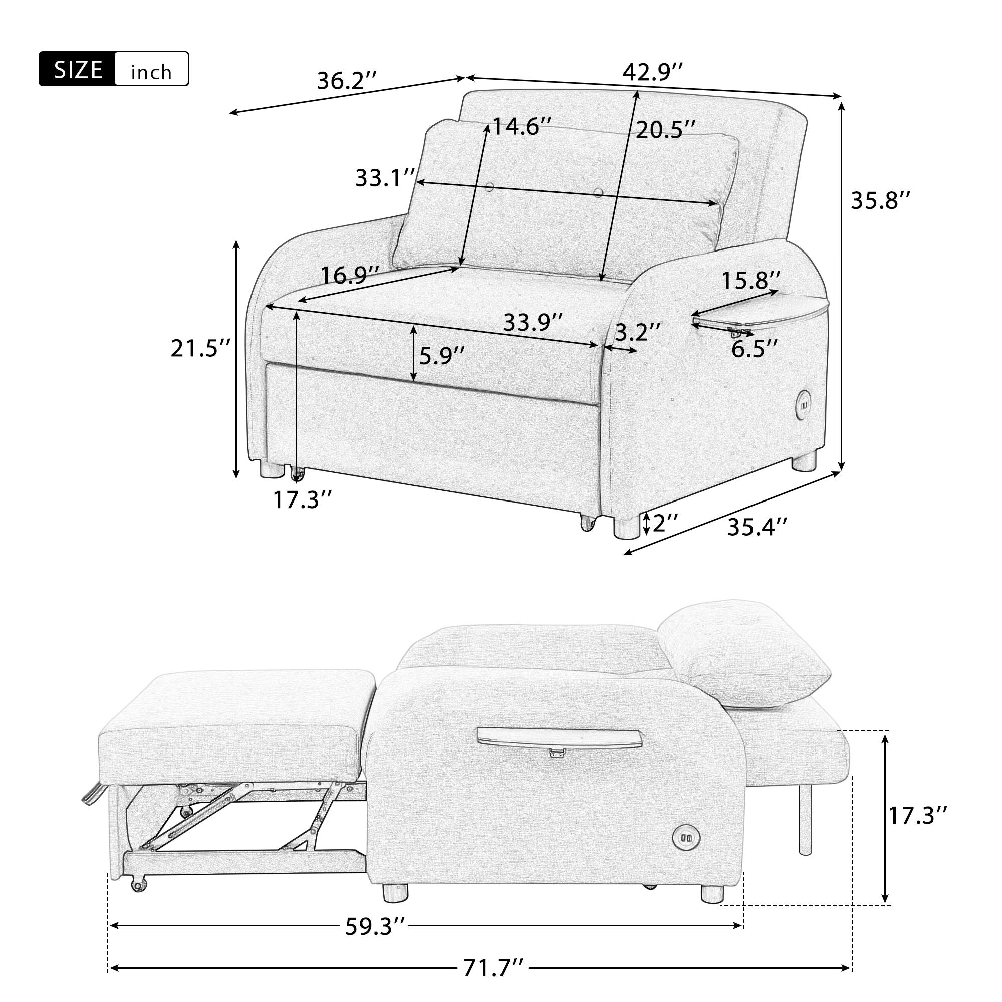 Versatile Pull Out Sofa Sleeper 3 In 1 With Wing Table & USB Charge, Compact Design - Best Buy Furniture
