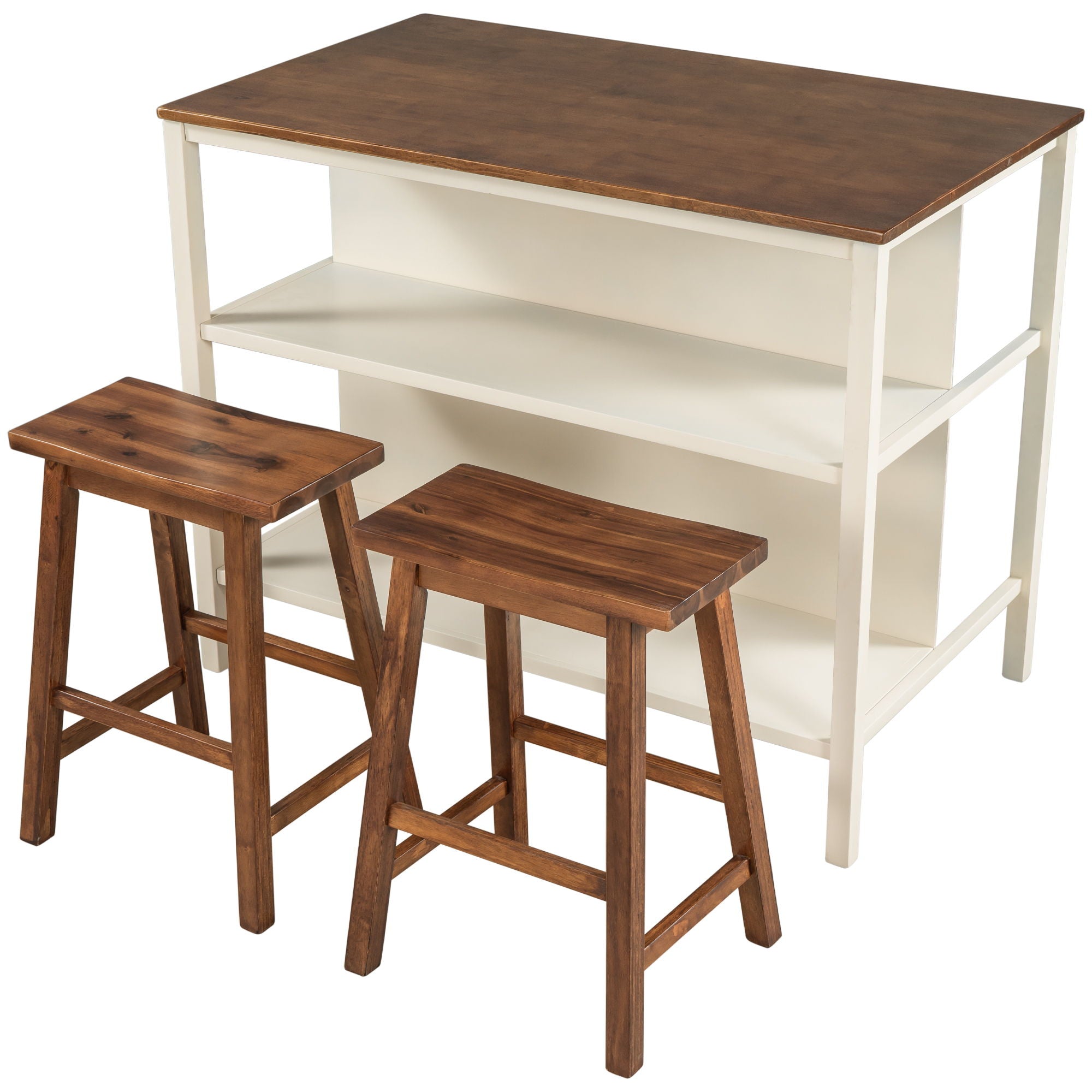 Rustic 3 Piece Stationary Kitchen Island Set With 2 Seatings, With 2 Open Shelves - Best Buy Furniture