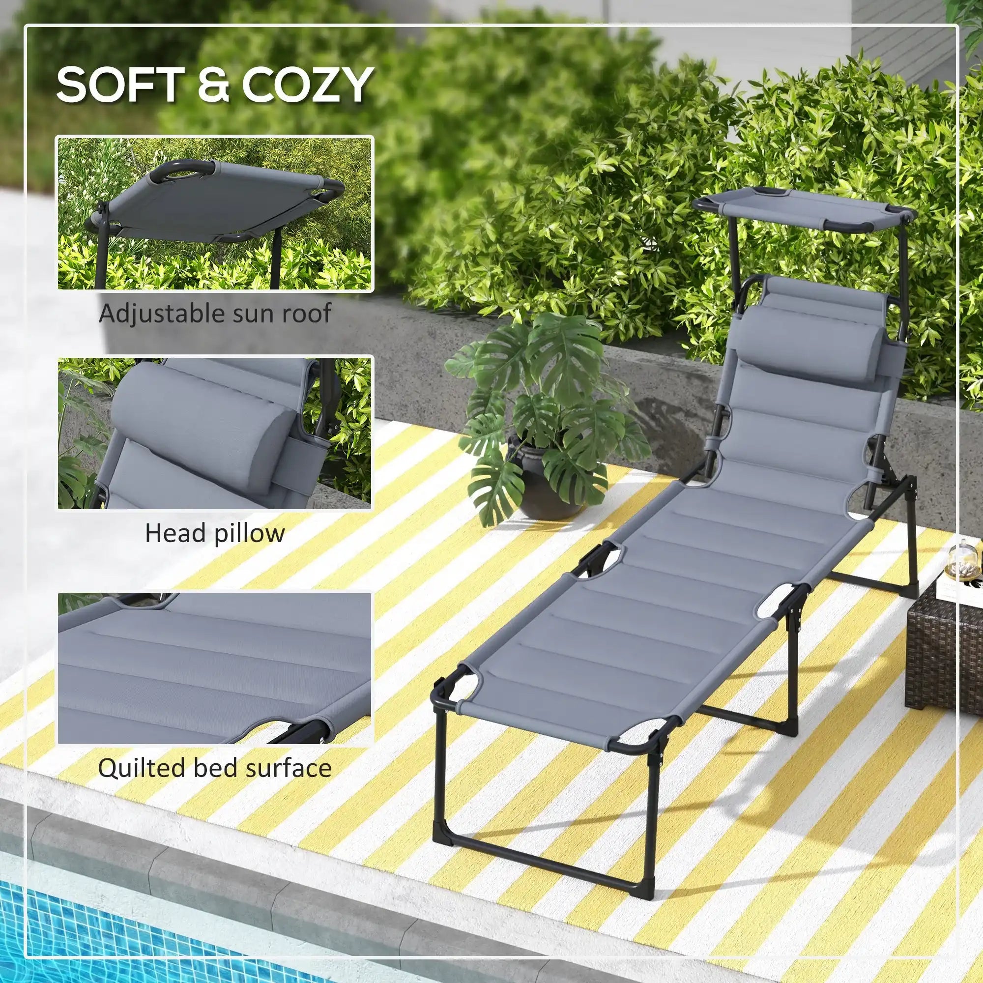 Folding Chaise Lounge Chair with Adjustable Backrest and Sunshade, Gray - Best Buy Furniture