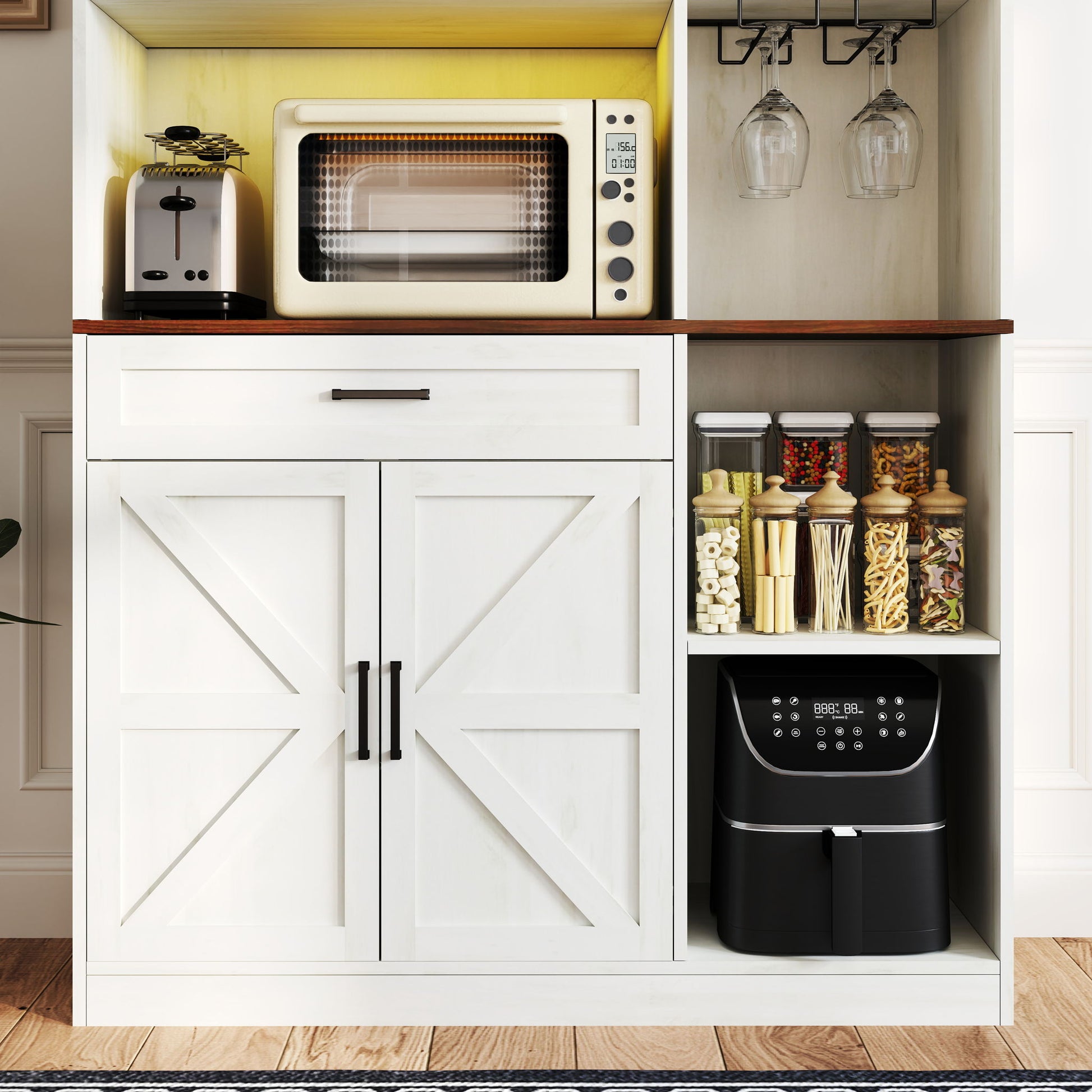 Farmhouse Kitchen Pantry Sideboard With Cabinet And Drawer, Multi Functional Kitchen Buffet With Hutch And Glass Holder, Microwave Stand With Charging Station - Brown / Antique White - Best Buy Furniture