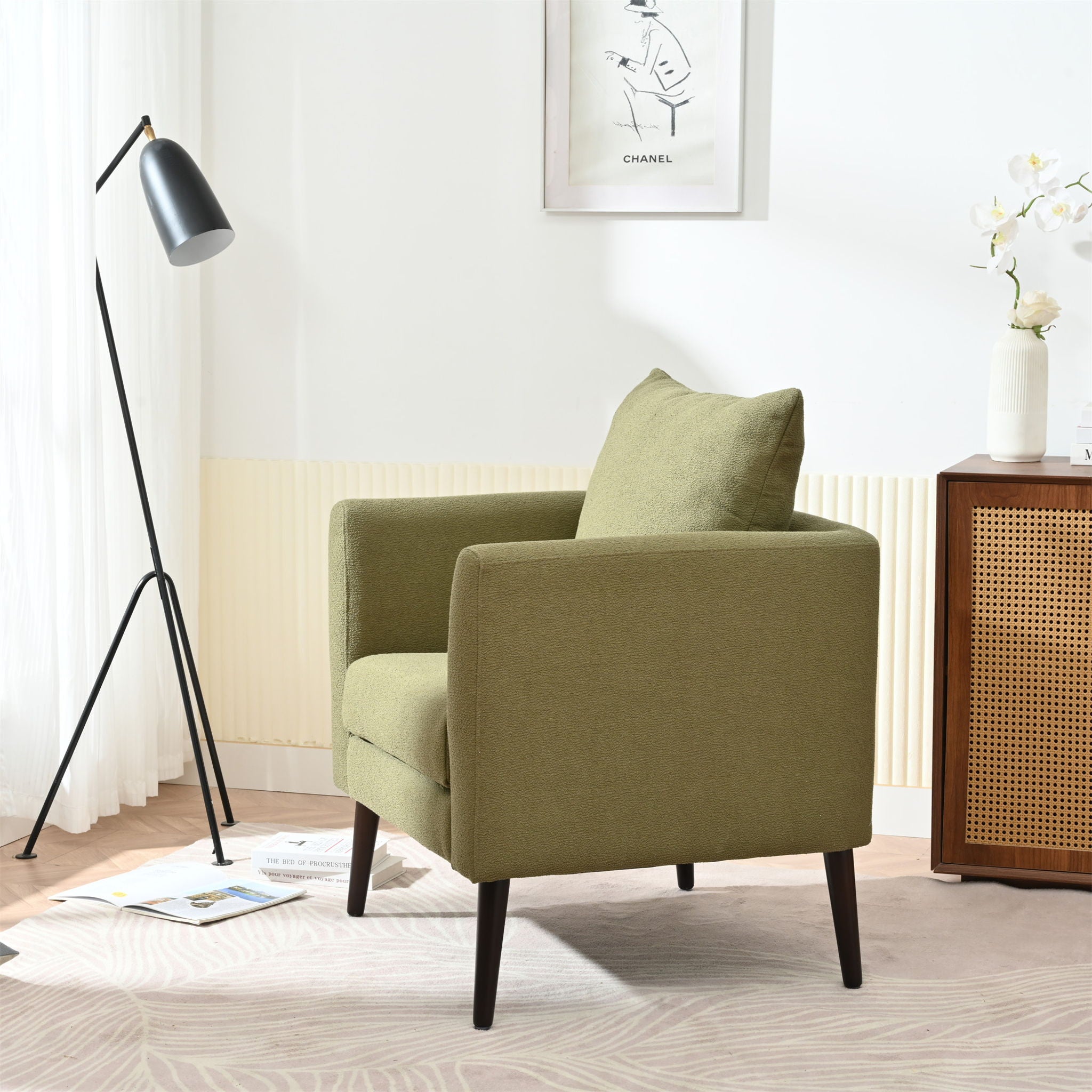 Barrel Chair, Modern Accent Chair, Fabric Armchair Club Chair, Upholstered Arm Chair With Solid Wood Legs, Waist Pillow, Padded Single Chair For Living Room / Bedroom / Study / Waiting Room - Olive Green - Best Buy Furniture