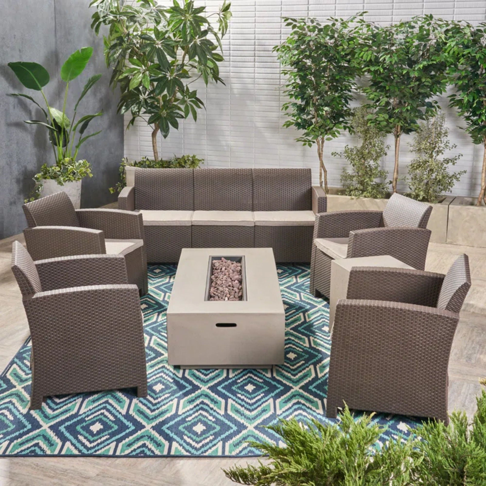 Outdoor Faux Wicker Rattan Style Chat Set With Water Resistant Cushions, 5 Pieces Set - Brown / Mix Beige - Best Buy Furniture